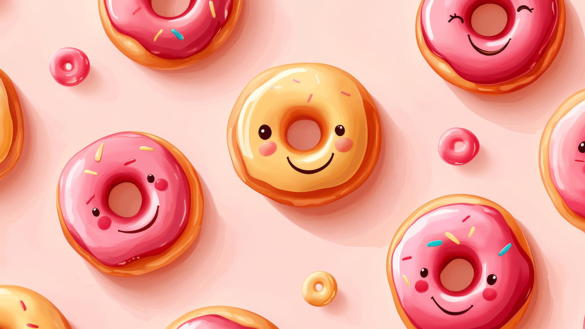 Seamless pattern of smiley face donuts with colorful glazes on a light pink background, pink preppy wallpaper