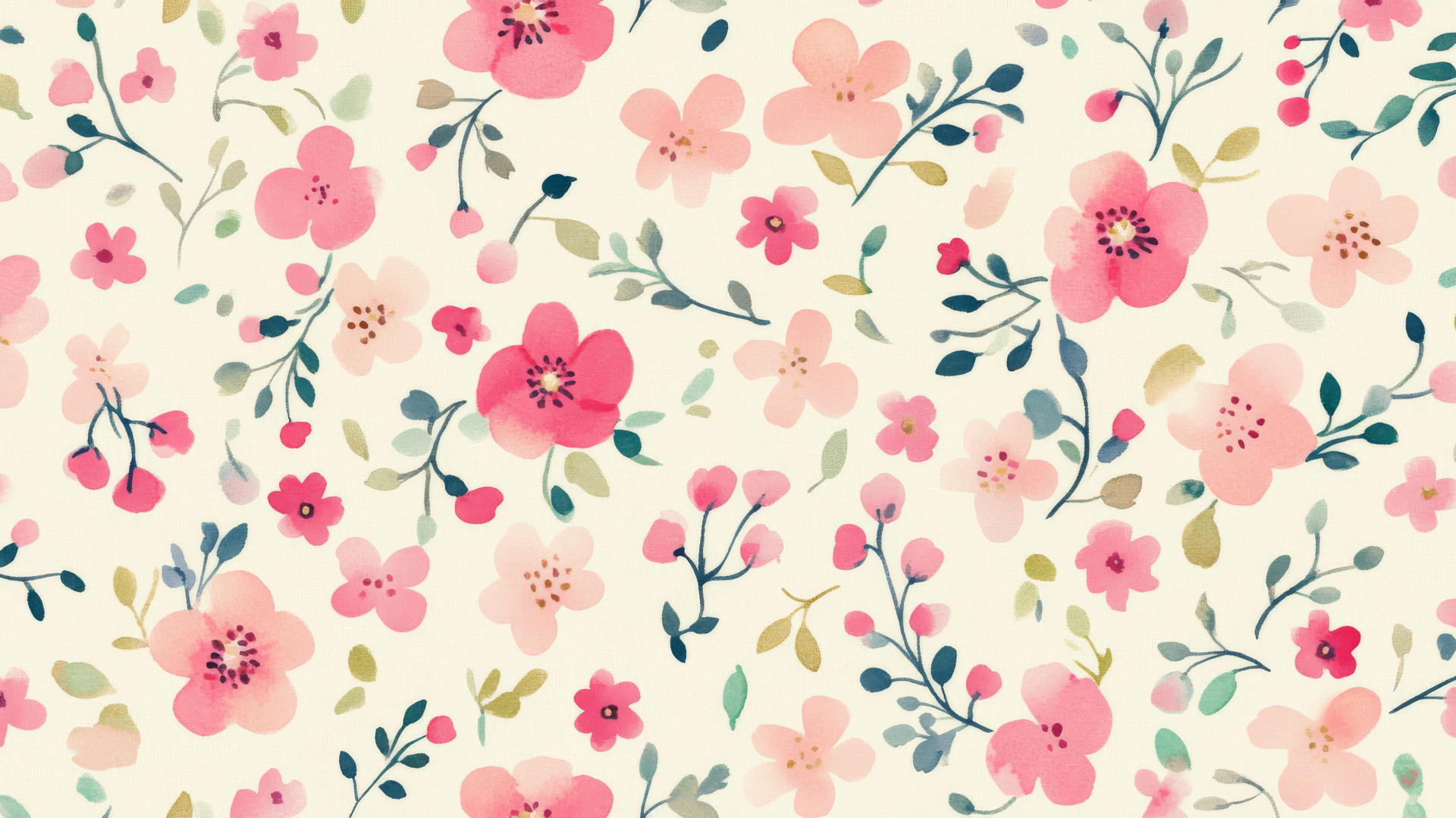 Pink preppy wallpaper with small colorful pink flowers in watercolor on cream background