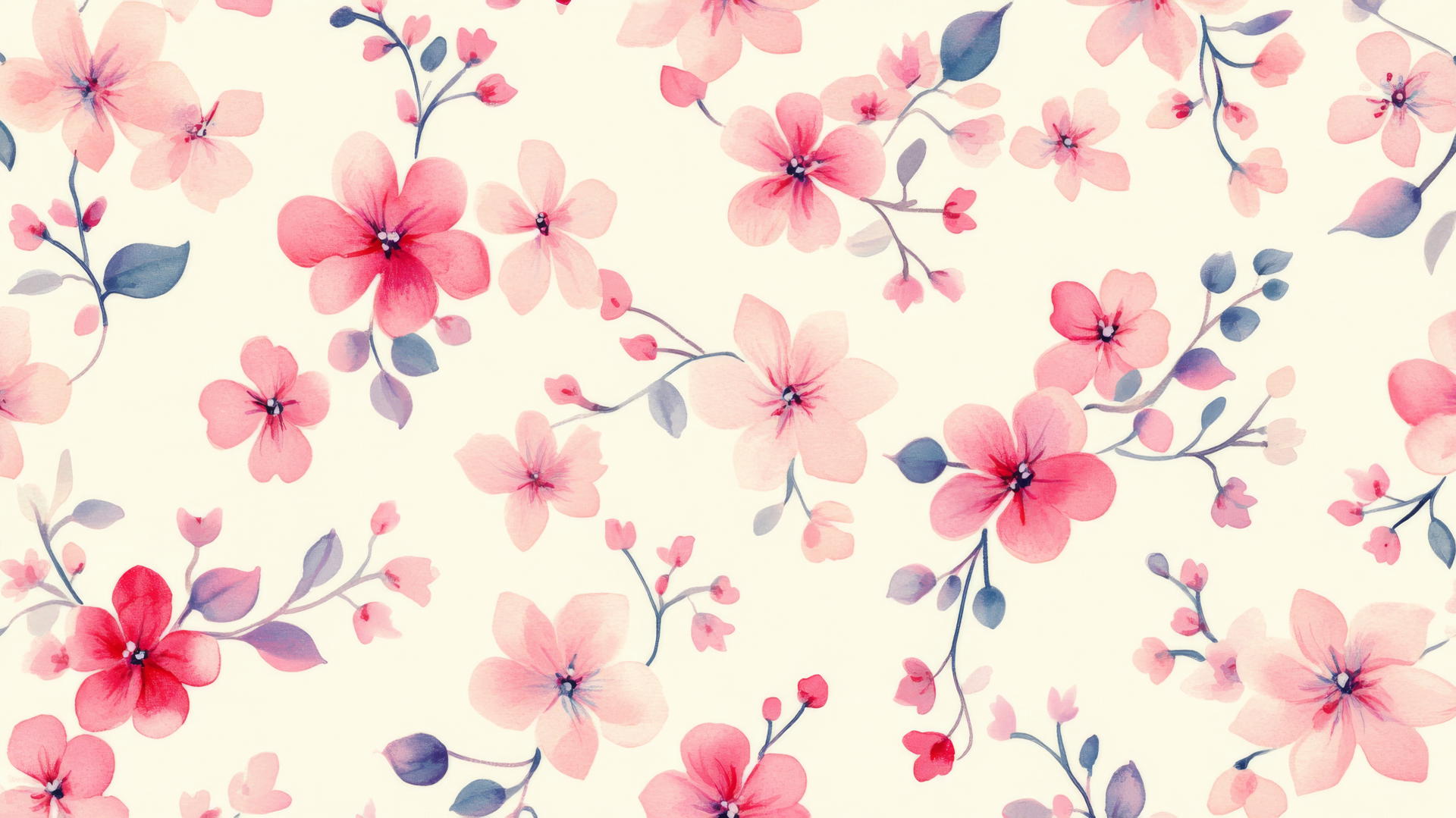pink preppy wallpaper with colorful pink flowers in watercolor on a cream background