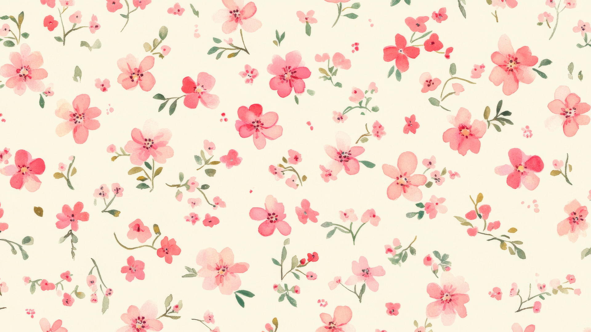 Seamless pink preppy wallpaper with small pastel flowers on cream background.