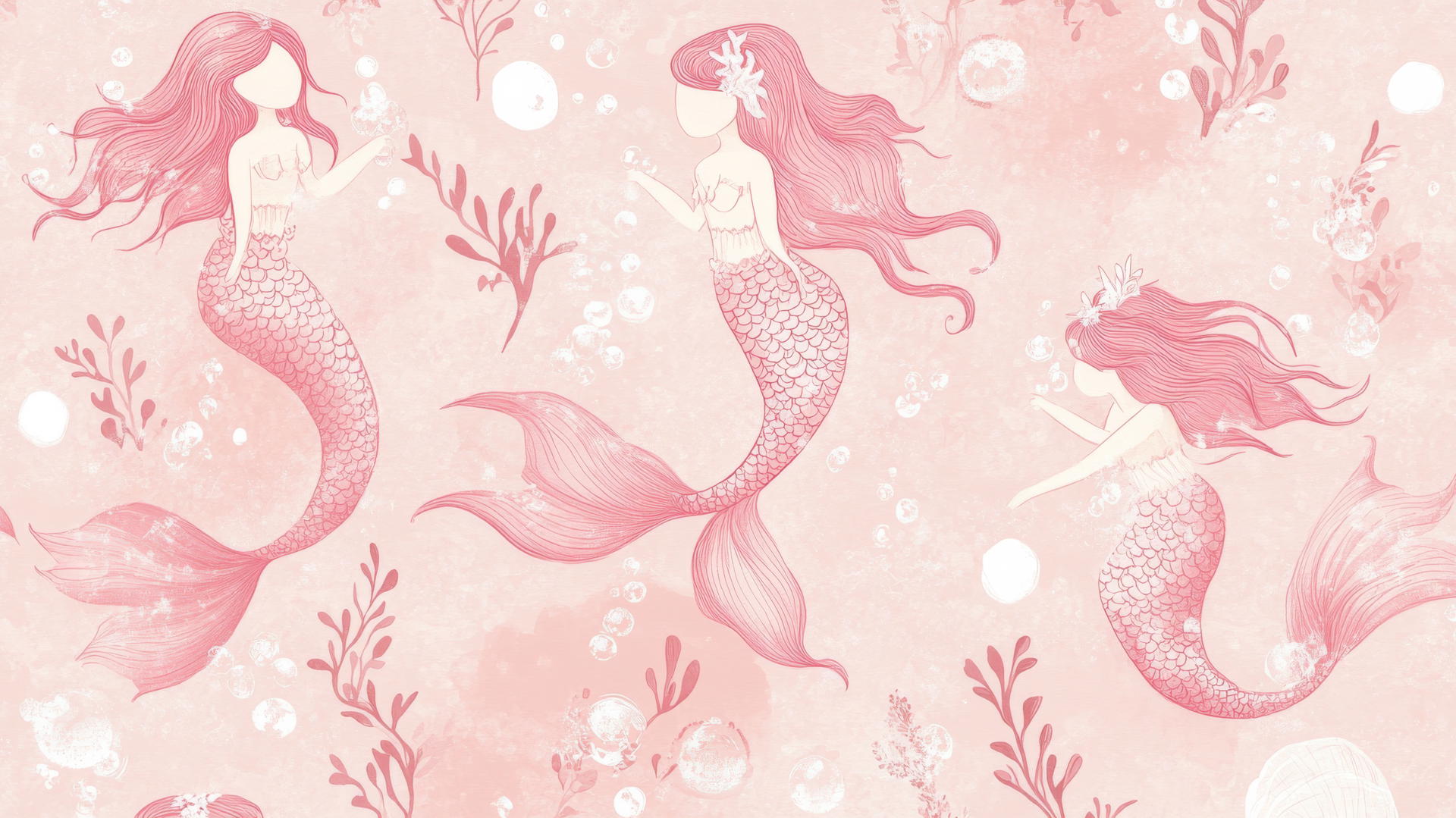 preppy wallpaper pink with whimsical pink mermaids, flowing hair, seashell accessories, seaweed, and bubbles