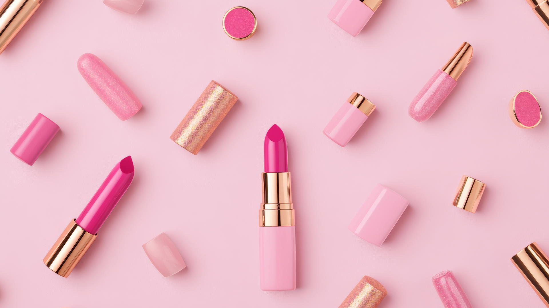 preppy wallpaper pink with chic pattern of pink and gold makeup items