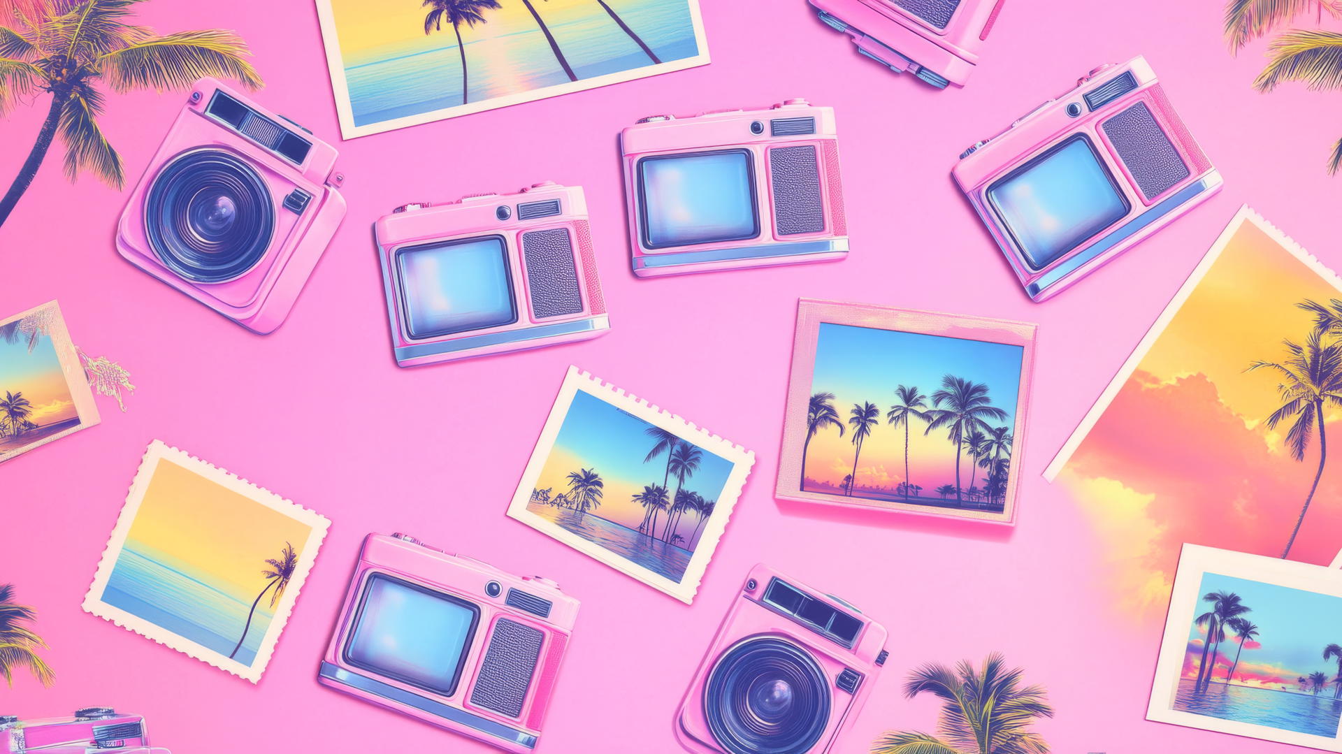 preppy wallpaper pink with vibrant pink polaroid cameras, tropical sunsets, and palm trees