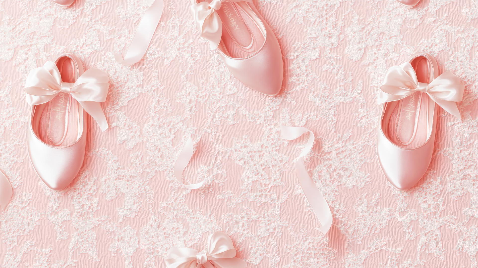 Preppy wallpaper pink with chic ballet slippers and satin ribbons on soft background