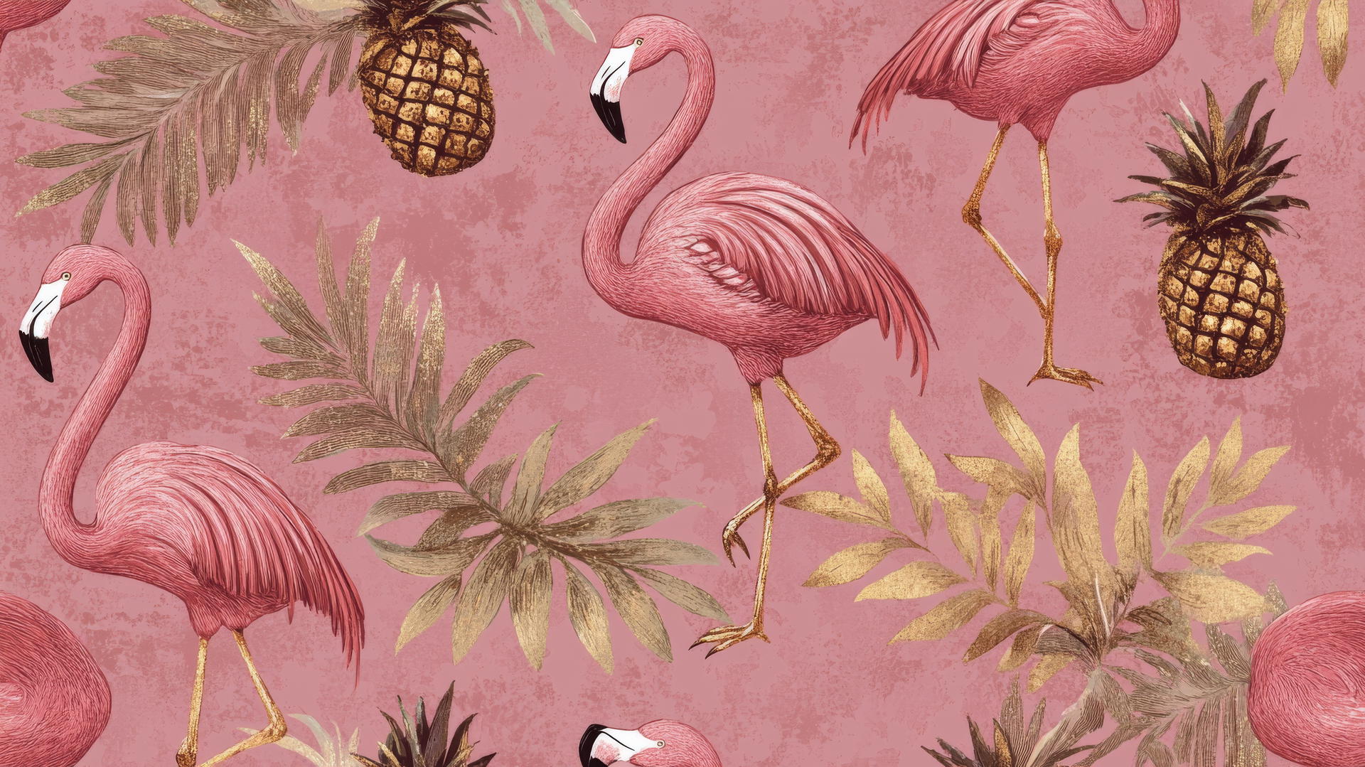 preppy wallpaper pink with pink flamingos, pineapples, and gold accents