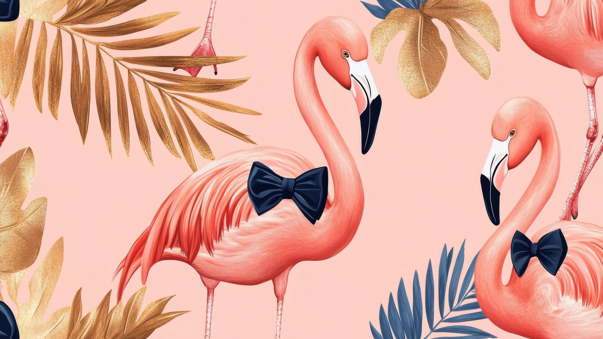 preppy wallpaper pink with flamingos in bow ties and monocles, gold palm leaves
