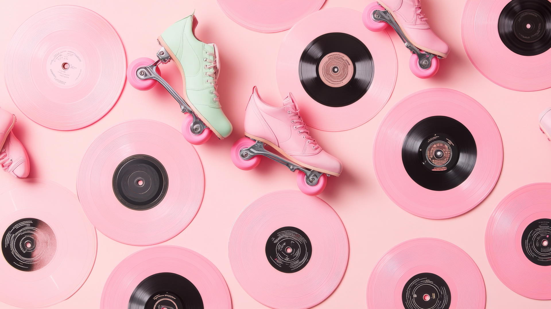 preppy pink wallpaper with roller skates and vinyl records on pastel pink background