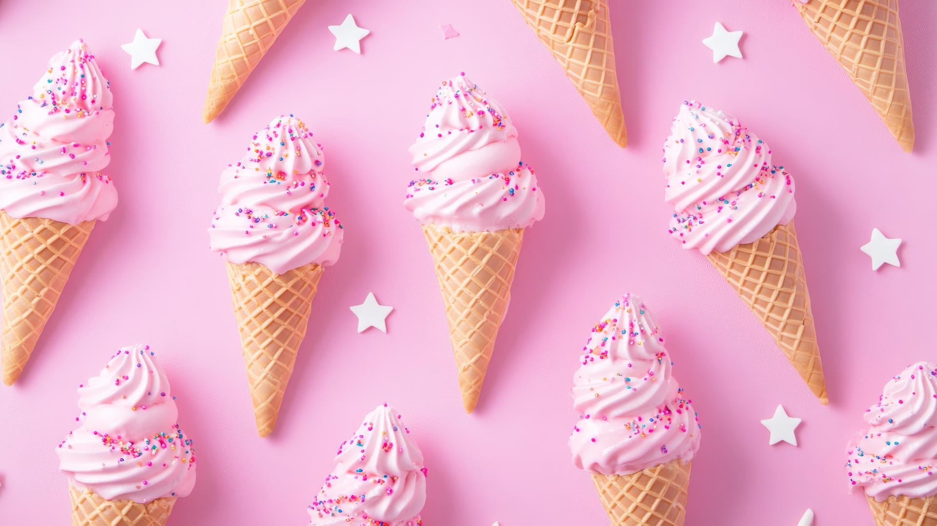 preppy pink wallpaper with ice cream cones and sprinkles on pastel pink background with white stars