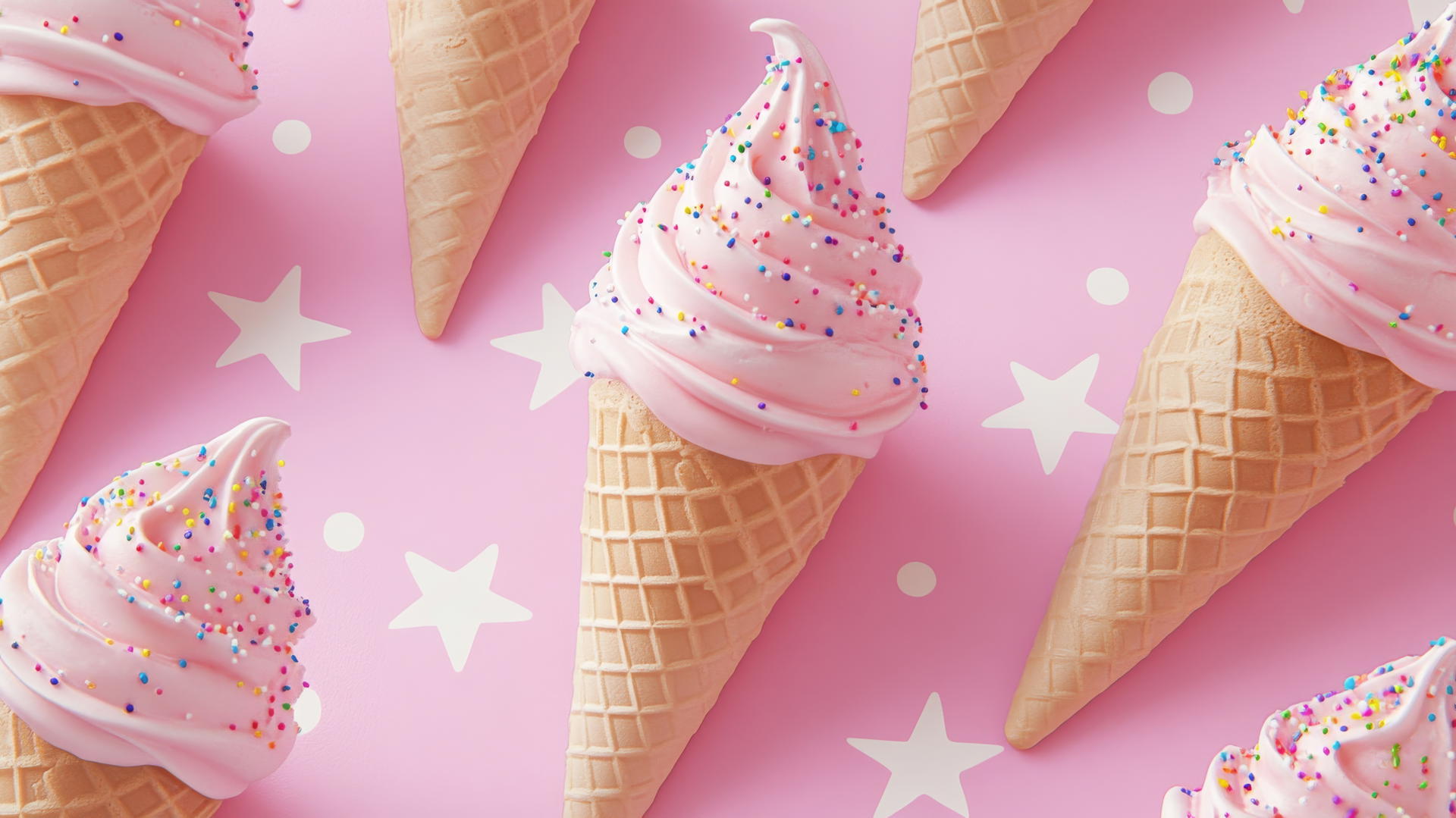 preppy pink wallpaper with playful pattern of pink ice cream cones, sprinkles, and white stars