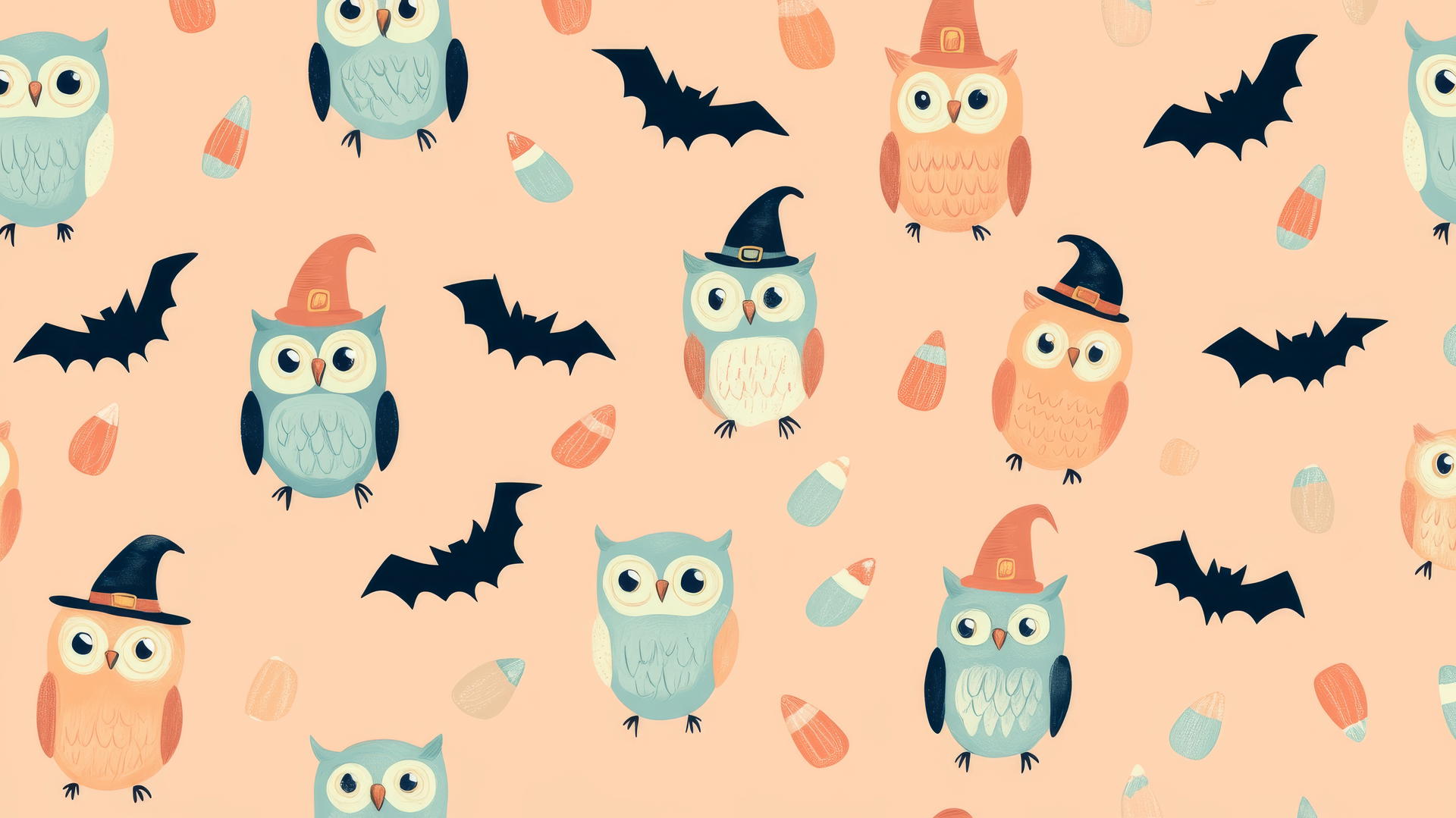 halloween preppy wallpaper with pastel-colored owls, witch hats, bats, and candy corn garlands
