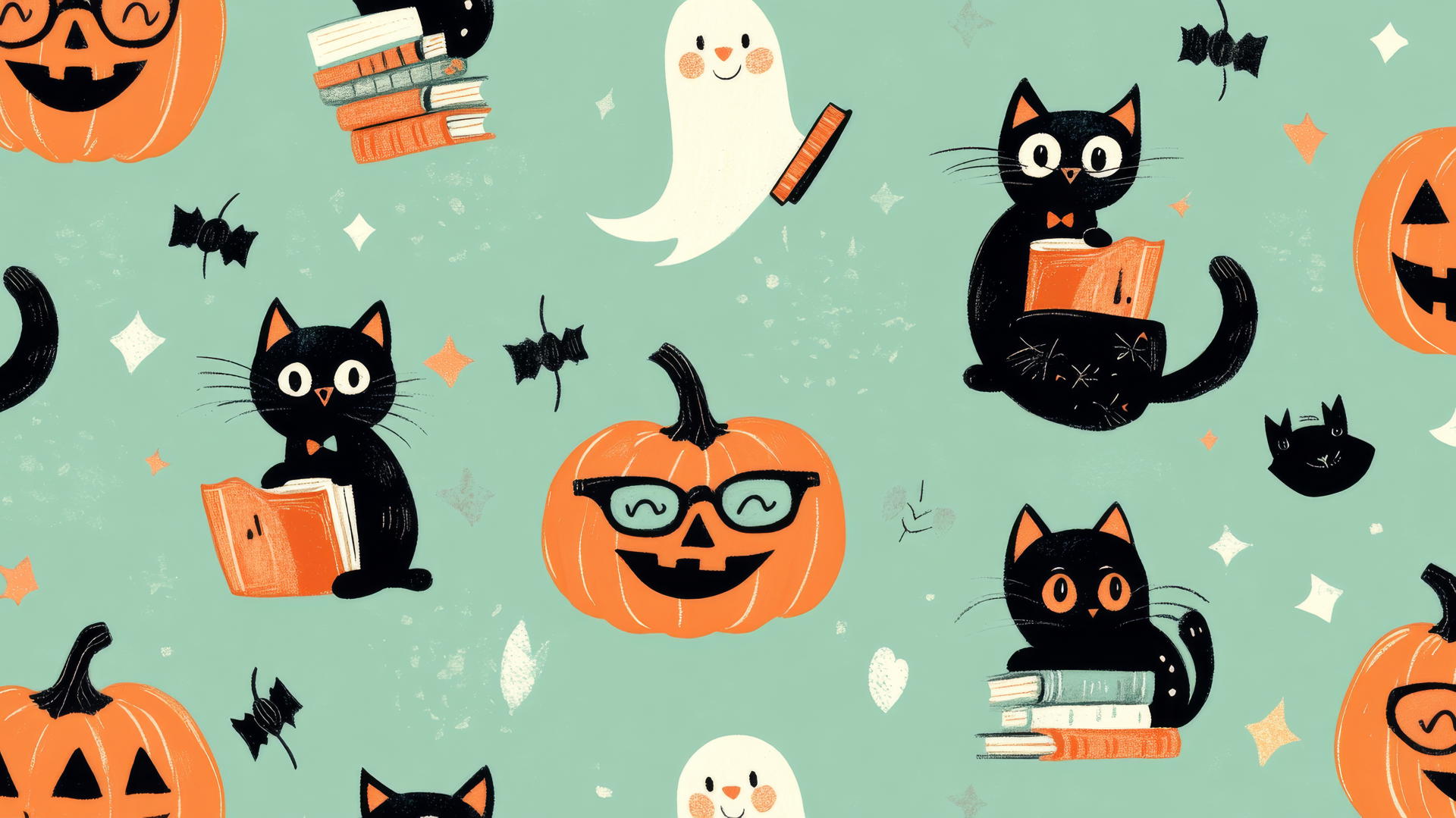 Halloween preppy wallpaper with pumpkins in glasses, ghosts with books, and cats in bow ties