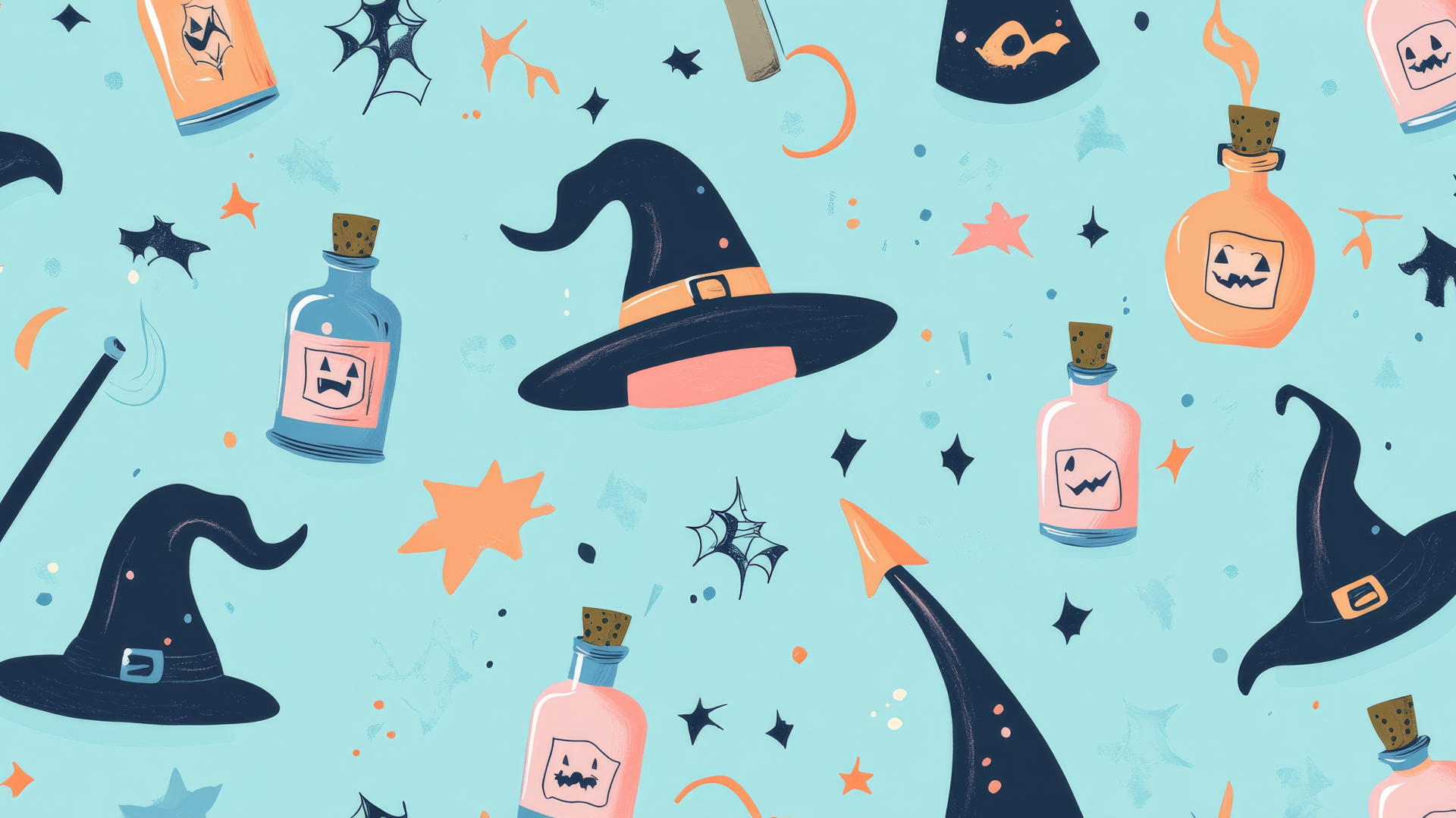 halloween preppy wallpaper with pastel witches' hats, potion bottles, and wands