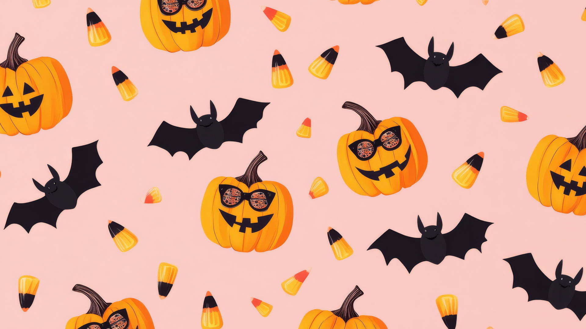 halloween preppy wallpaper with jack-o'-lanterns, bats, and candy corn on pastel pink