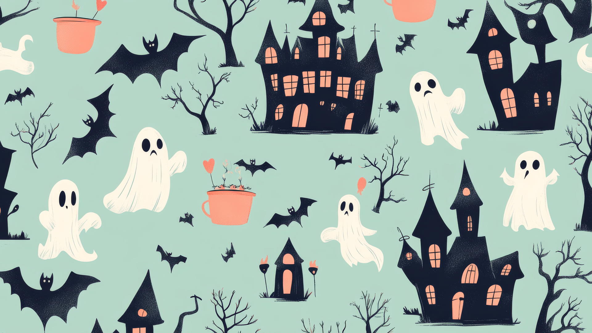 Halloween preppy wallpaper with pastel haunted mansions