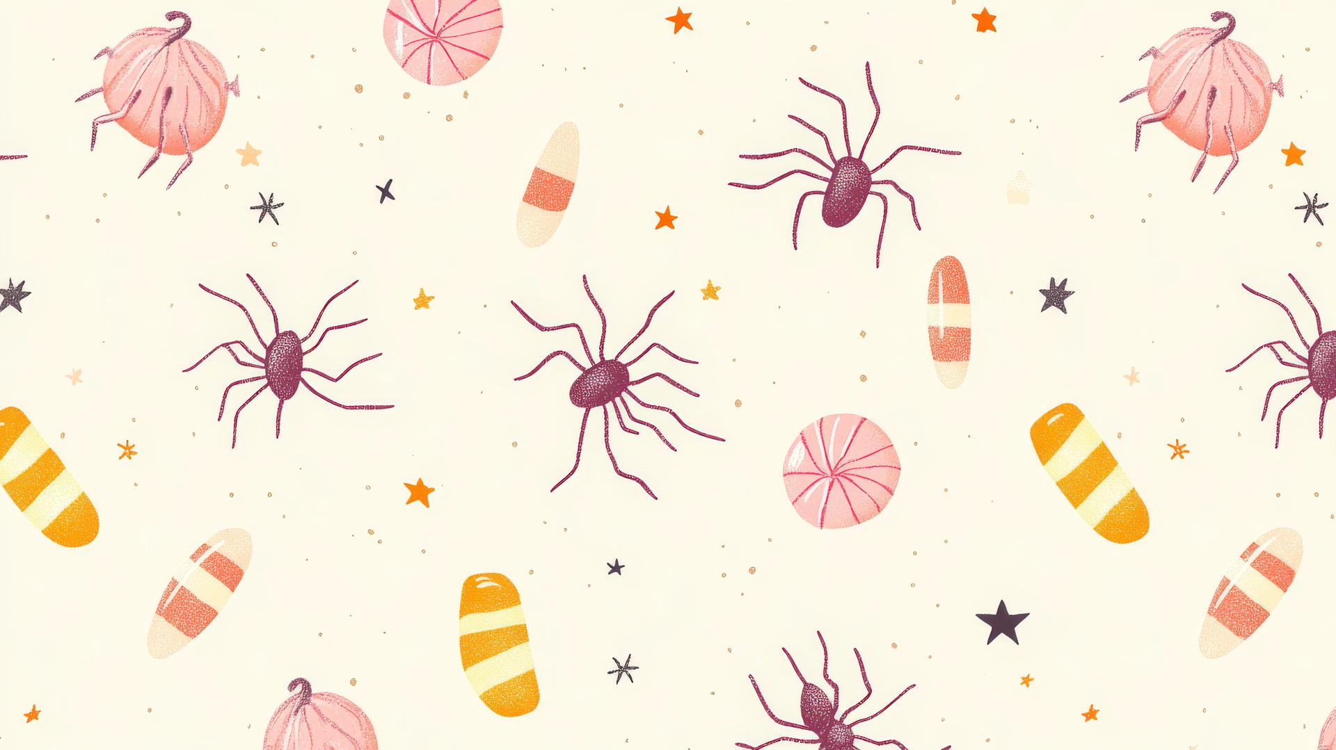 halloween wallpaper preppy with pink spiders, candy corn, and stars on a pastel cream background