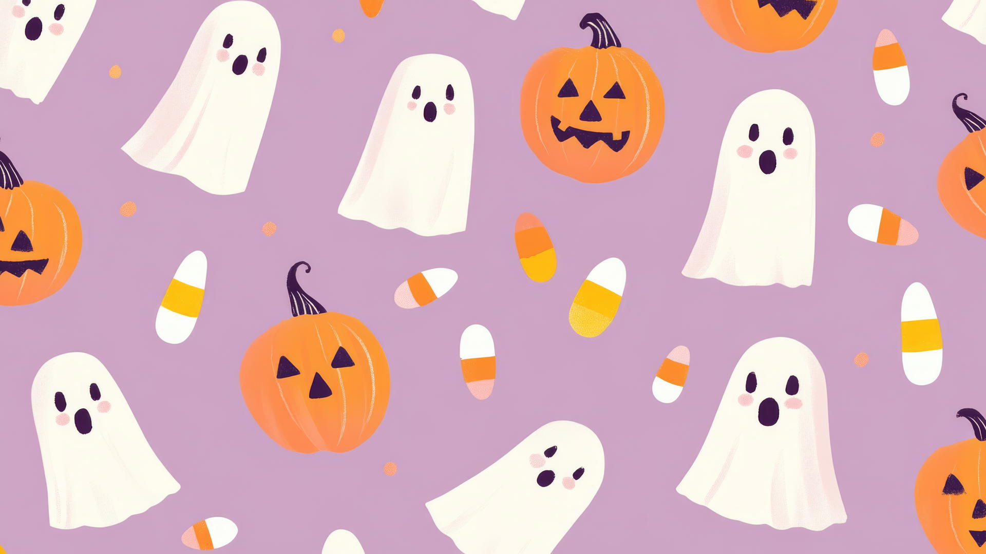 halloween wallpaper preppy with cute ghosts, pumpkins, and candy corn on pastel lavender