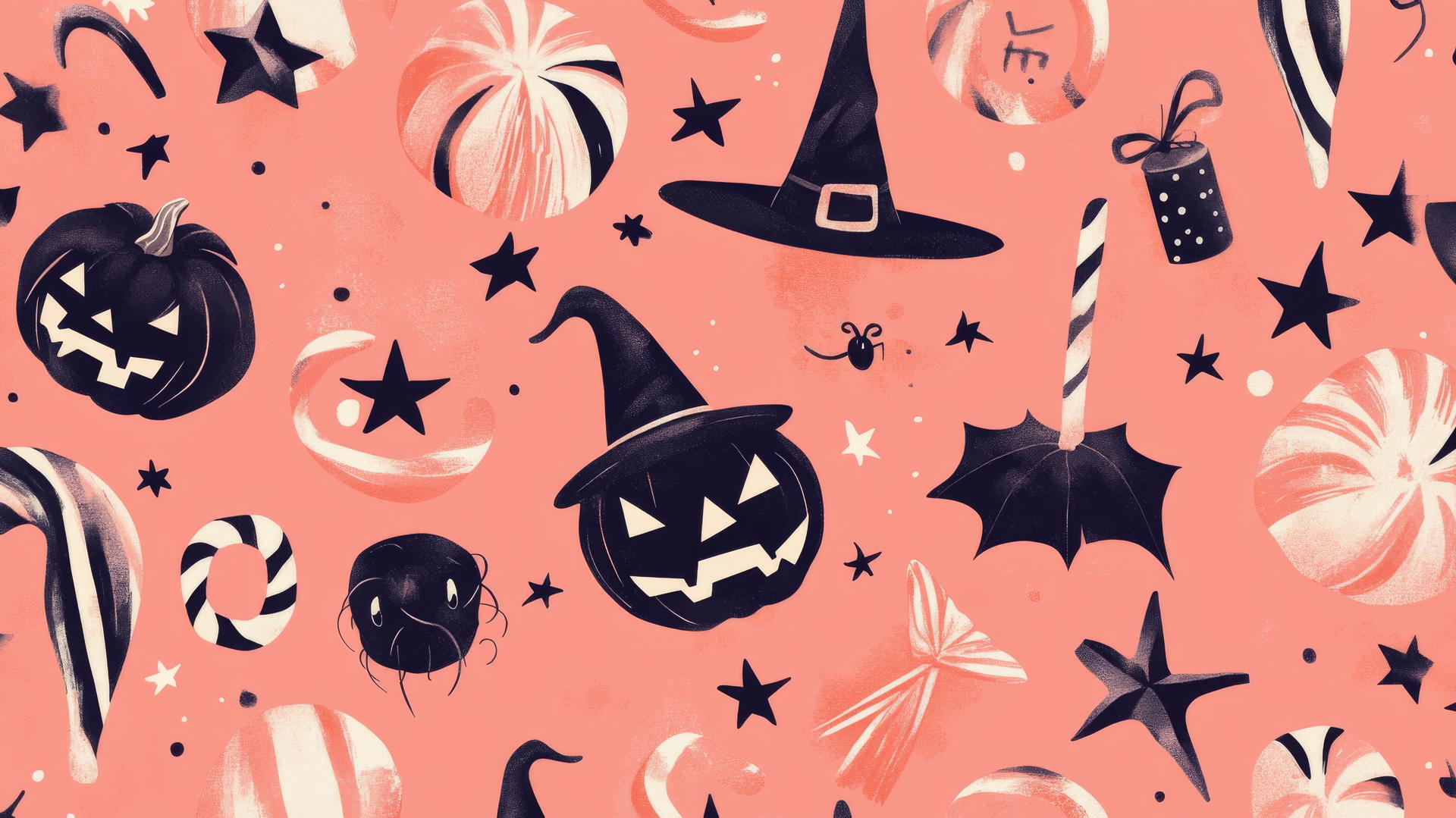 halloween wallpaper preppy with witches, candy canes, and stars on pastel coral background
