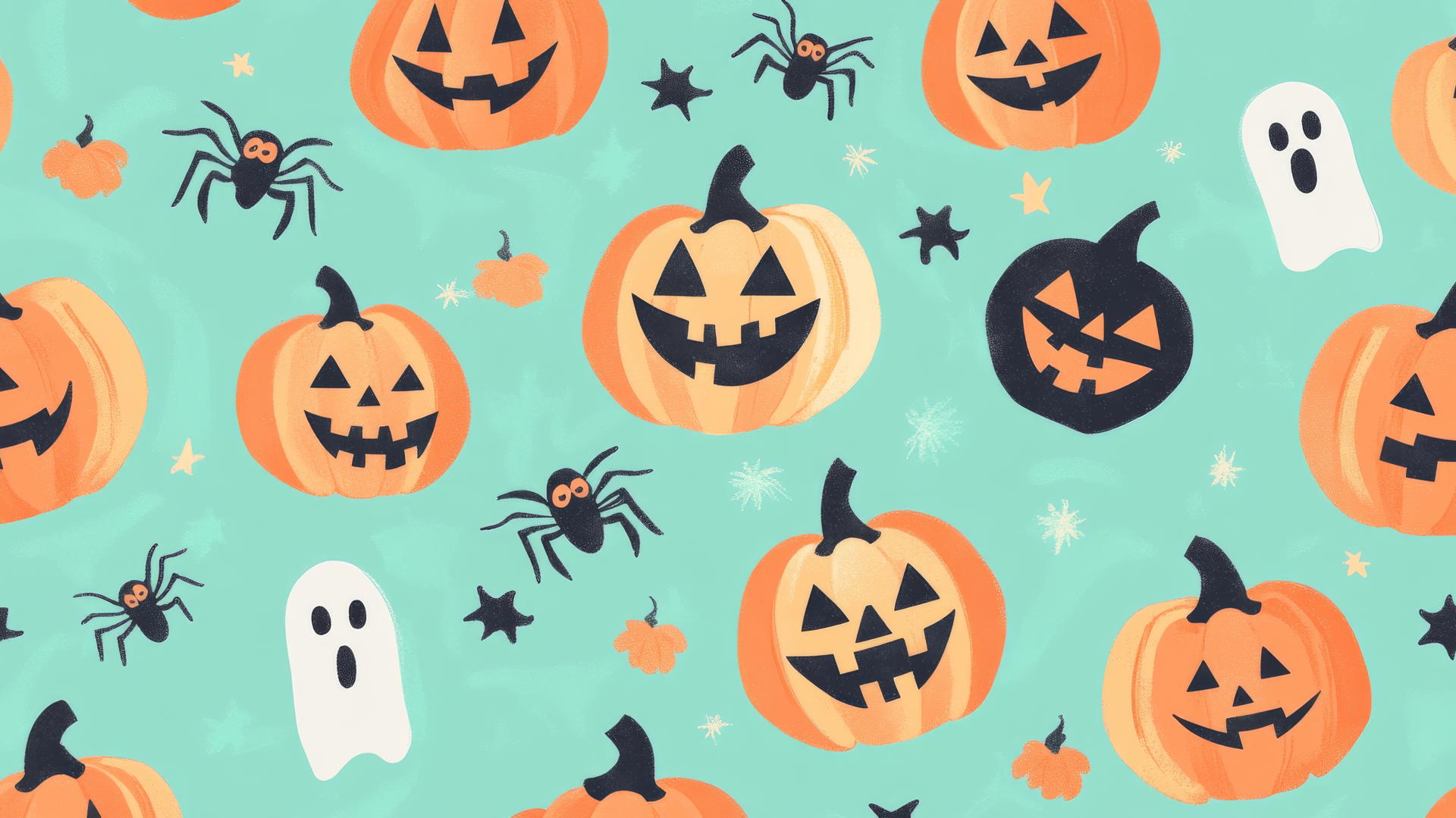 Halloween wallpaper preppy with smiling jack-o'-lanterns, spiders, ghosts on teal