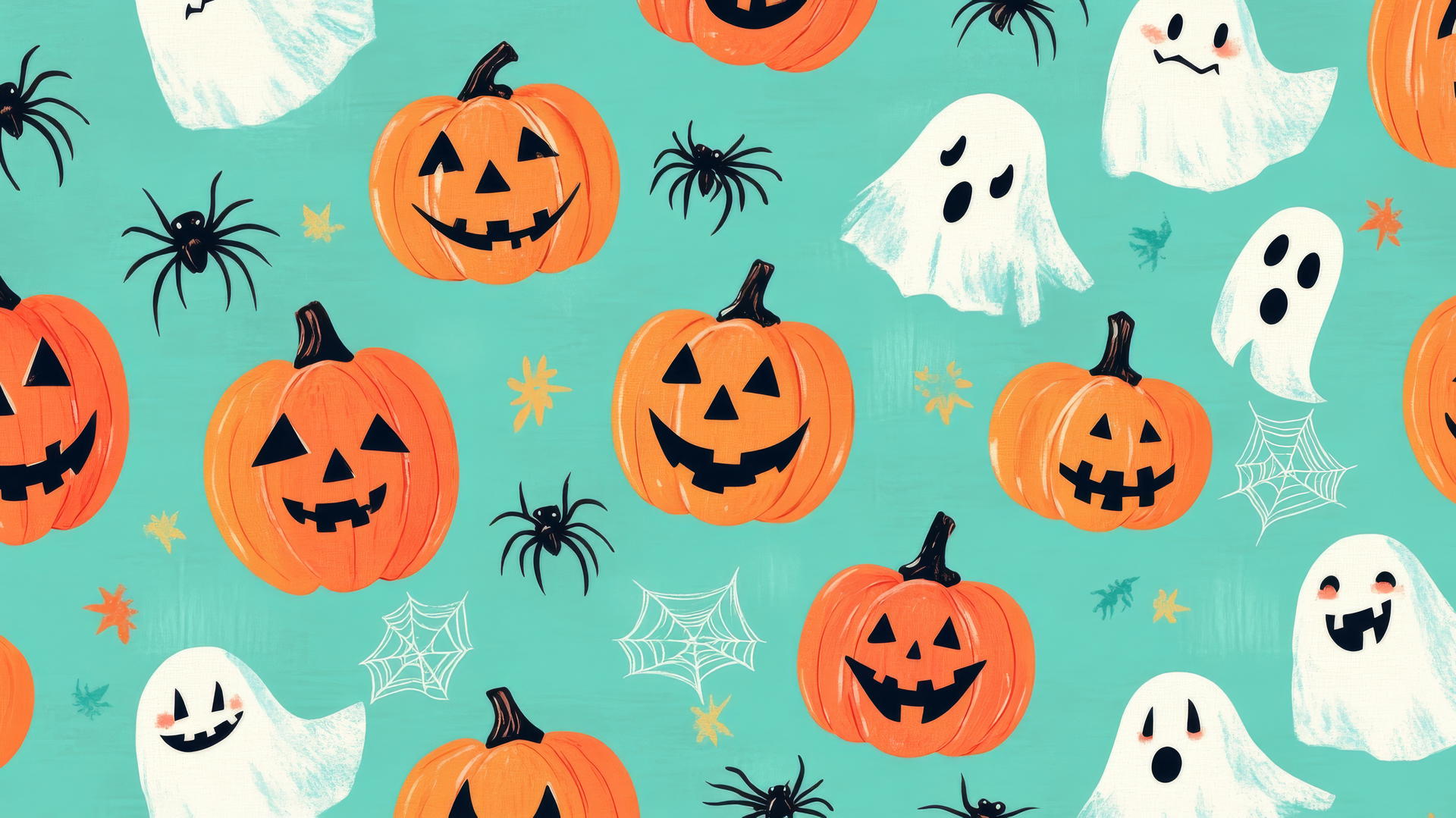 halloween wallpaper preppy with smiling jack-o'-lanterns, spiders, and ghosts on pastel teal
