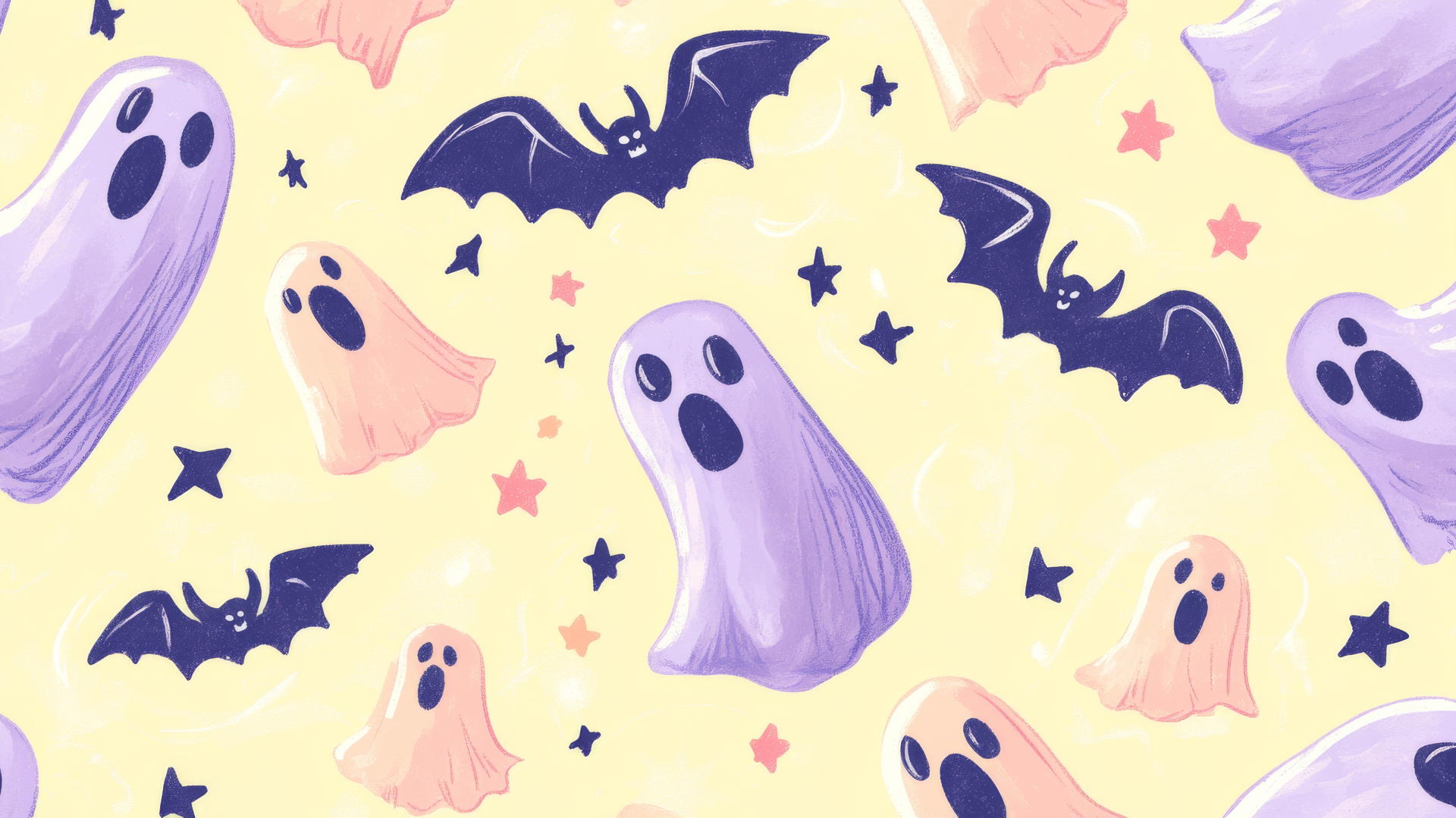 Halloween wallpaper preppy with pink and purple ghosts, bats, and stars on pastel yellow