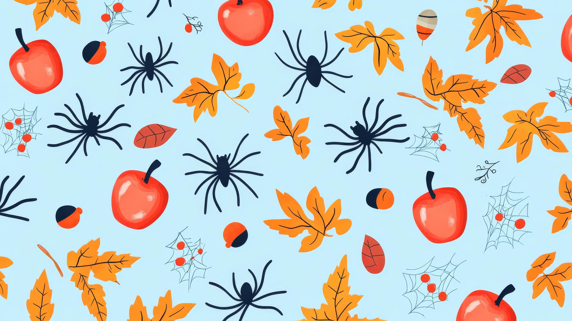 halloween wallpaper preppy with cute spiders, candy apples, and autumn leaves on pastel blue background
