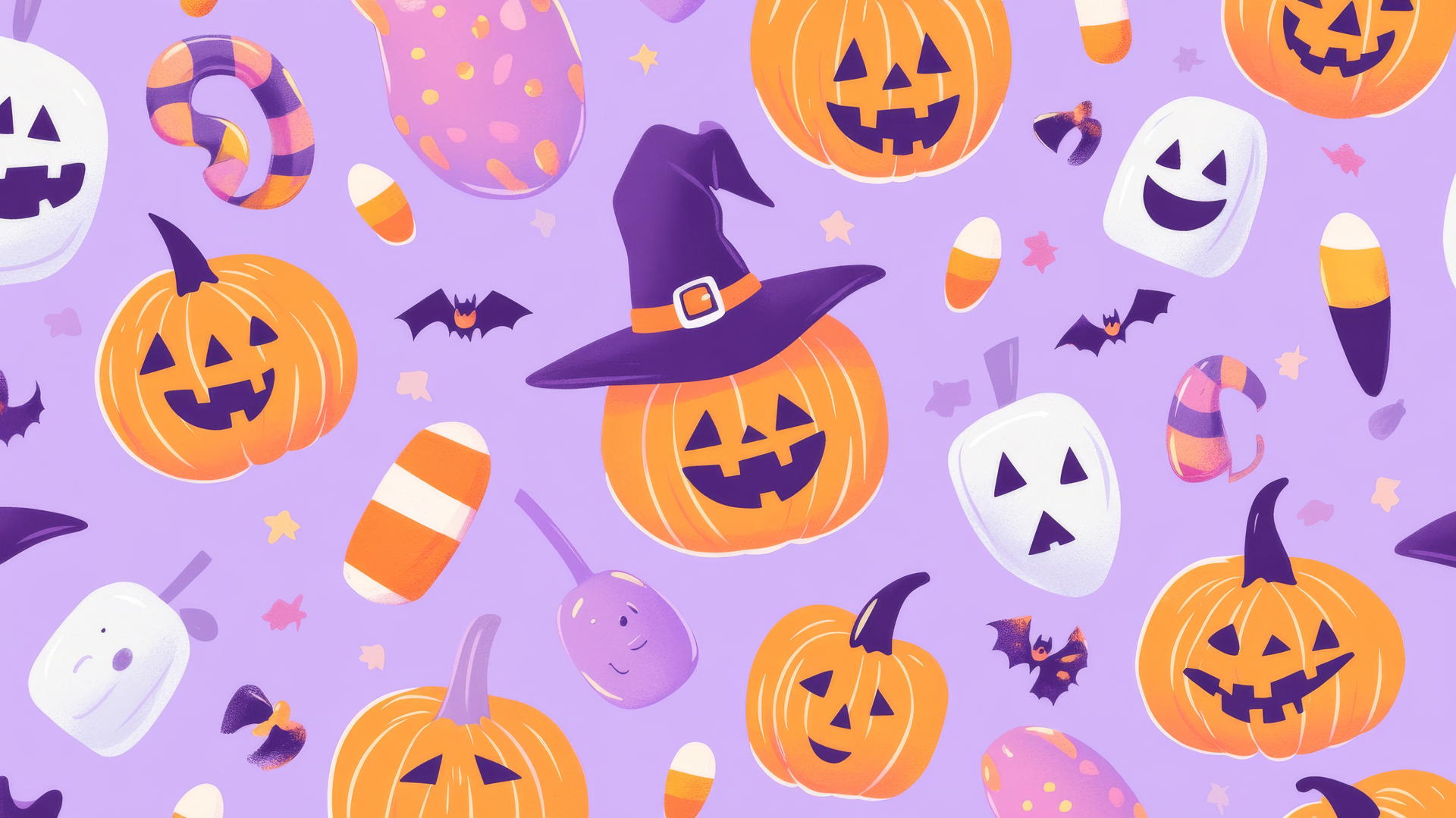 Seamless pattern of cute witches, smiling pumpkins, and candy corn on pastel purple background, cartoon style, playful details, halloween wallpaper preppy