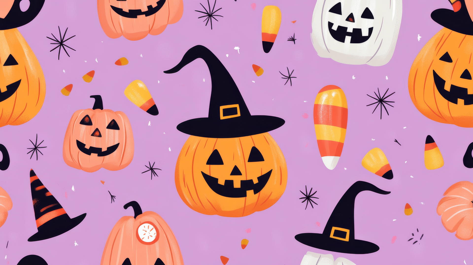 halloween wallpaper preppy with cute witches, smiling pumpkins, and candy corn on pastel purple