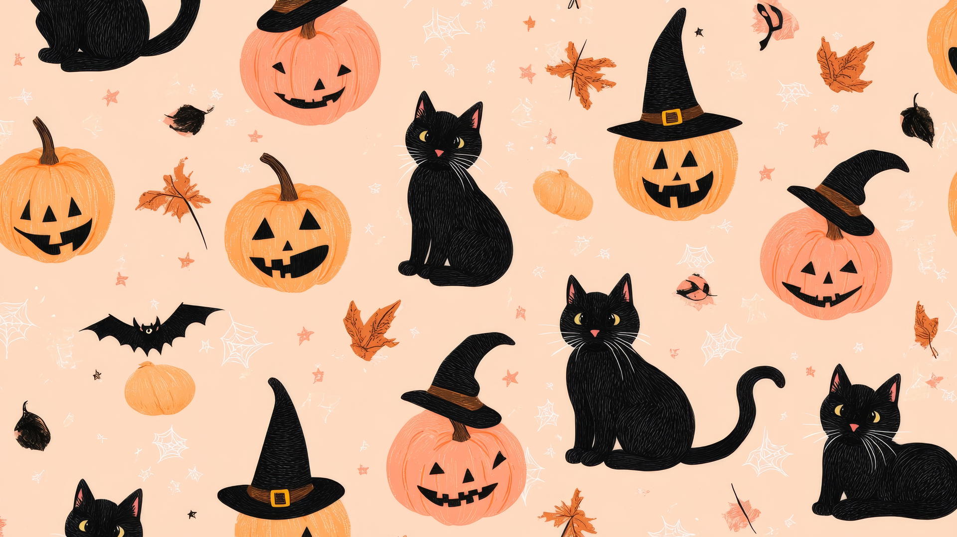 Preppy wallpaper Halloween with black cats, pumpkins, witch hats on pastel peach