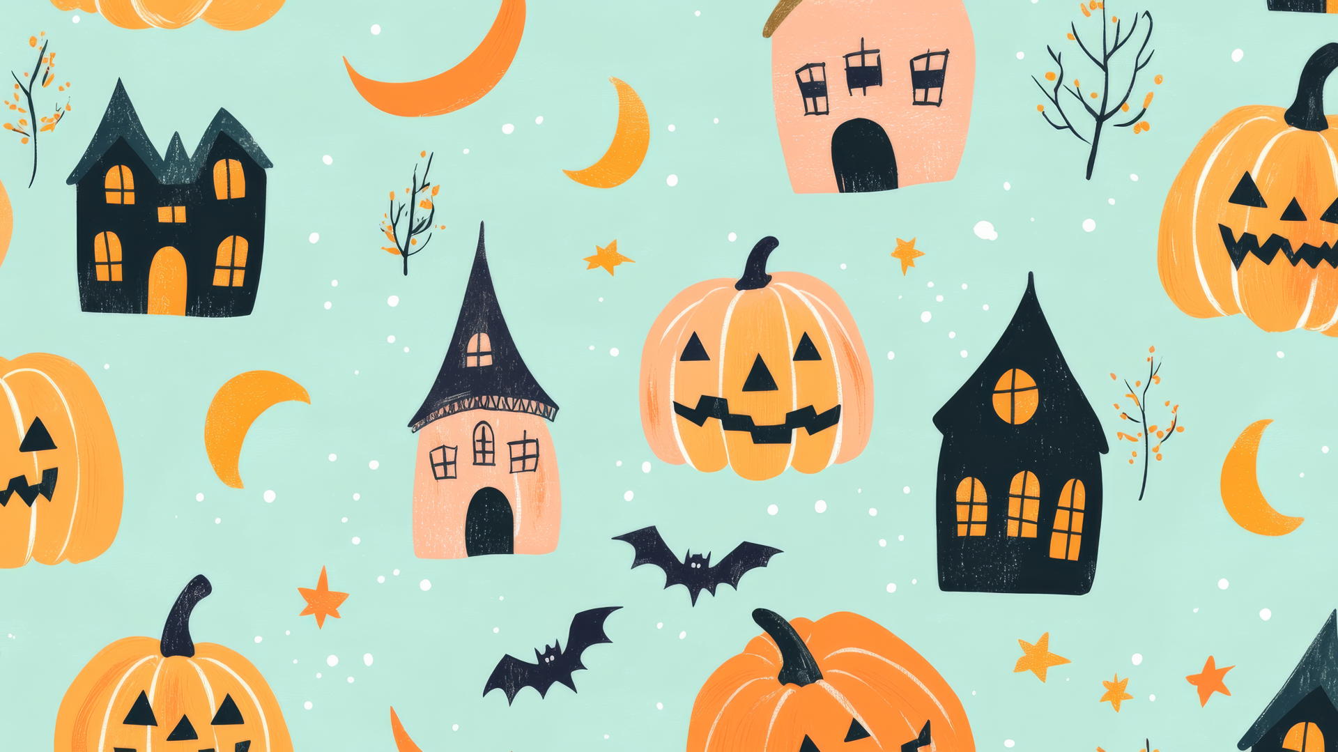 preppy wallpaper halloween with playful pumpkins, haunted houses, and crescent moons on pastel mint green background