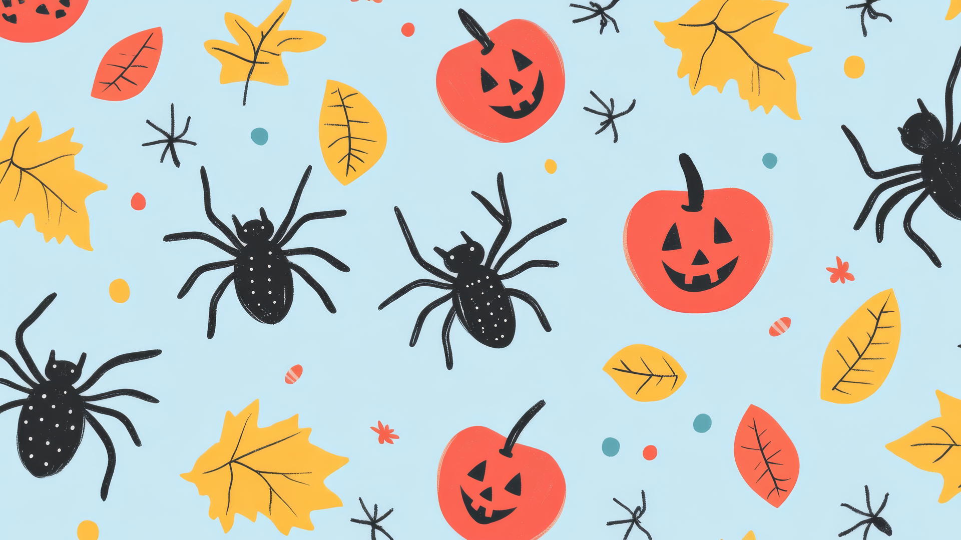 Preppy wallpaper Halloween with cute spiders, candy apples, and autumn leaves on pastel blue