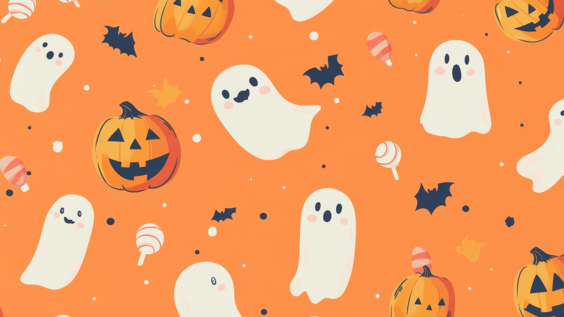 preppy wallpaper halloween with retro jack-o'-lanterns, friendly ghosts, and candy