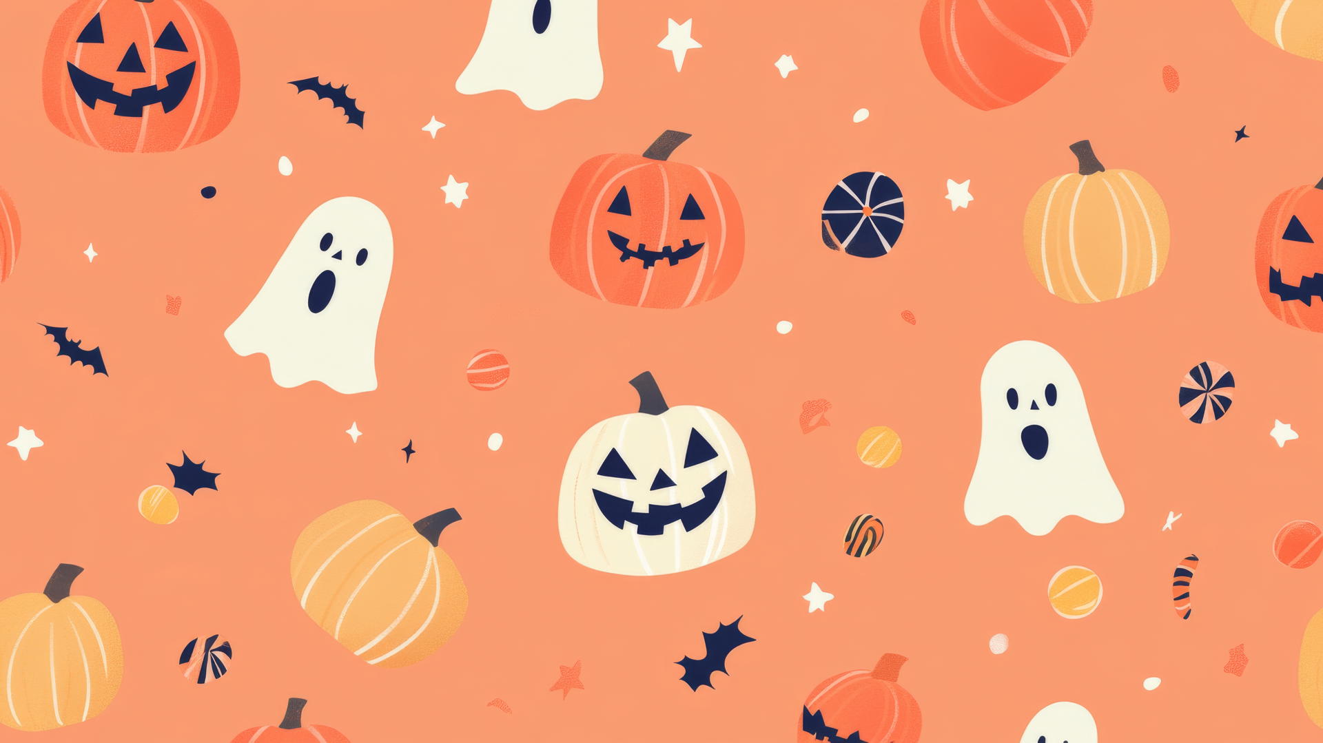 preppy wallpaper halloween with jack-o'-lanterns, friendly ghosts, and candy on a pastel orange background
