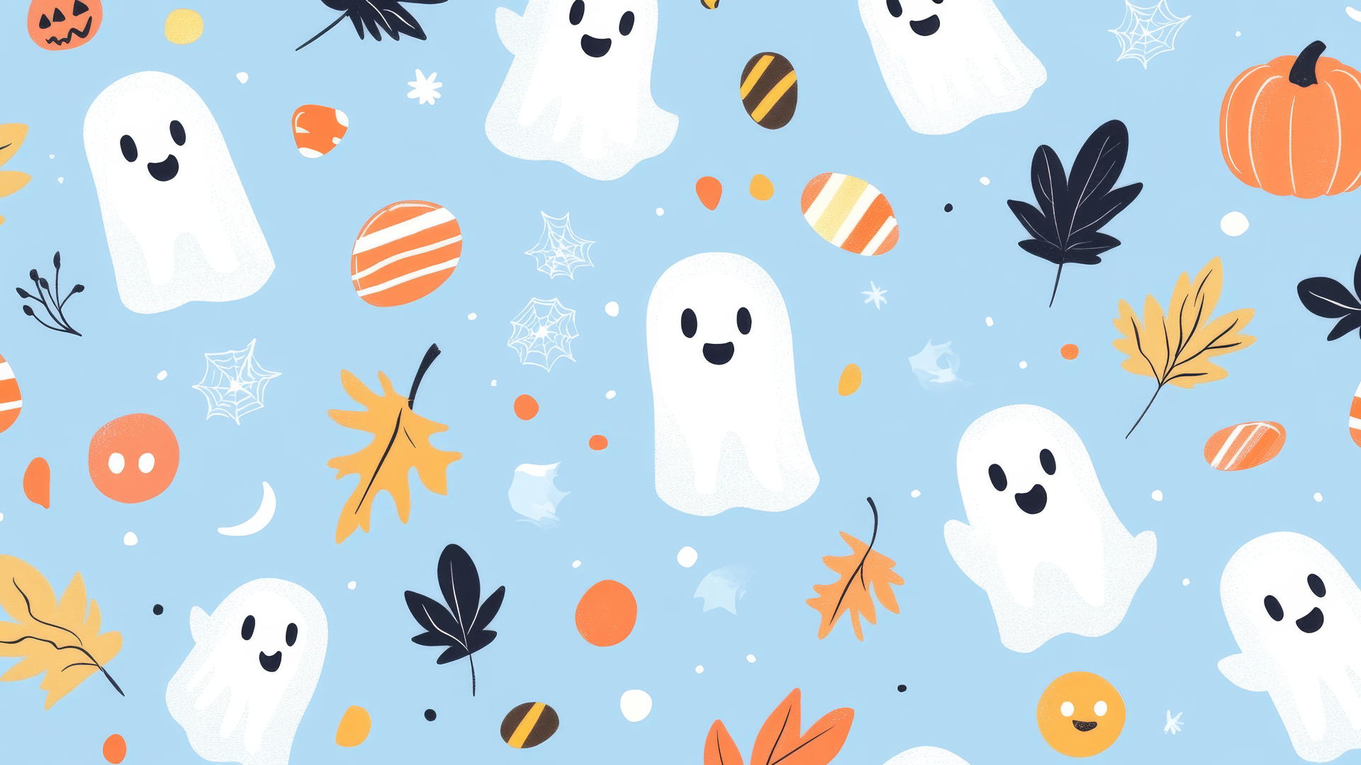 preppy halloween wallpaper with cute ghosts, candy, and autumn leaves on pastel blue