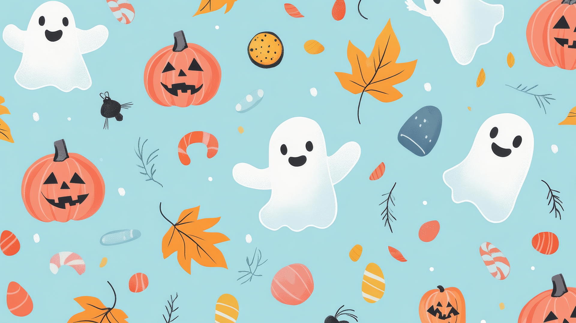 preppy halloween wallpaper with cute ghosts, candy, and autumn leaves on pastel blue background