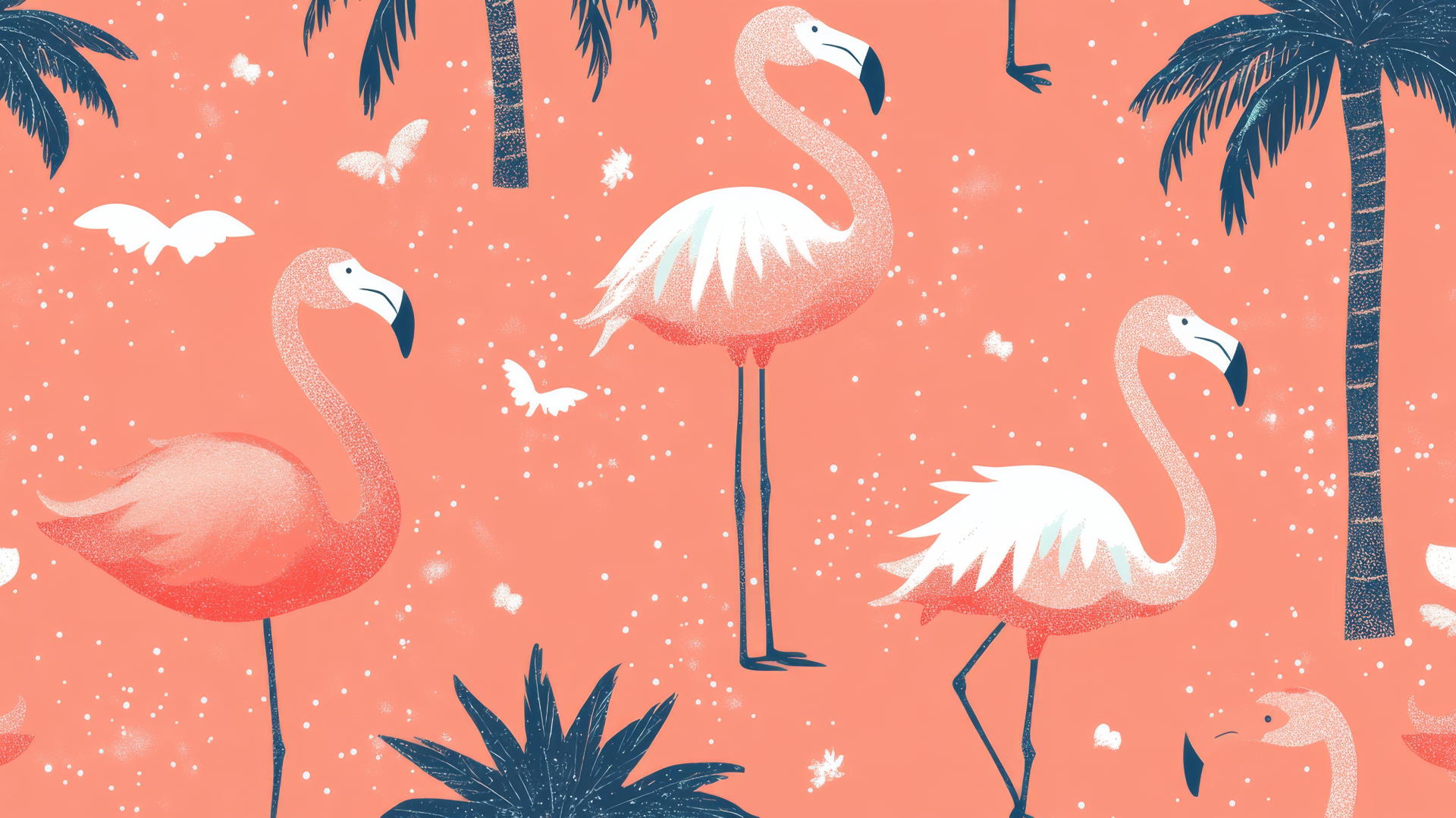 preppy summer wallpaper with cute cartoon flamingos and palm trees on pastel coral background
