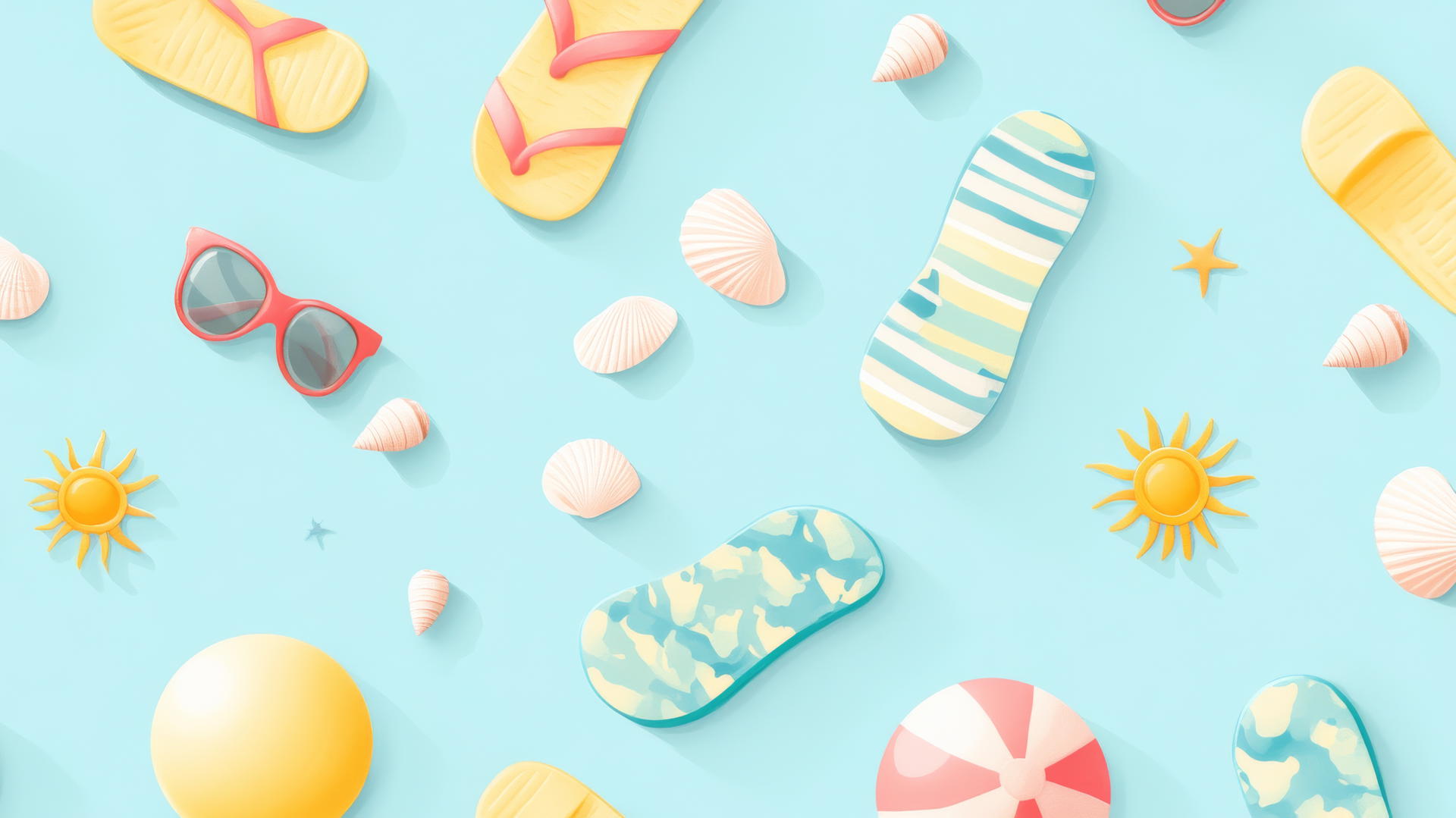 Preppy summer wallpaper with pastel flip-flops and beach balls