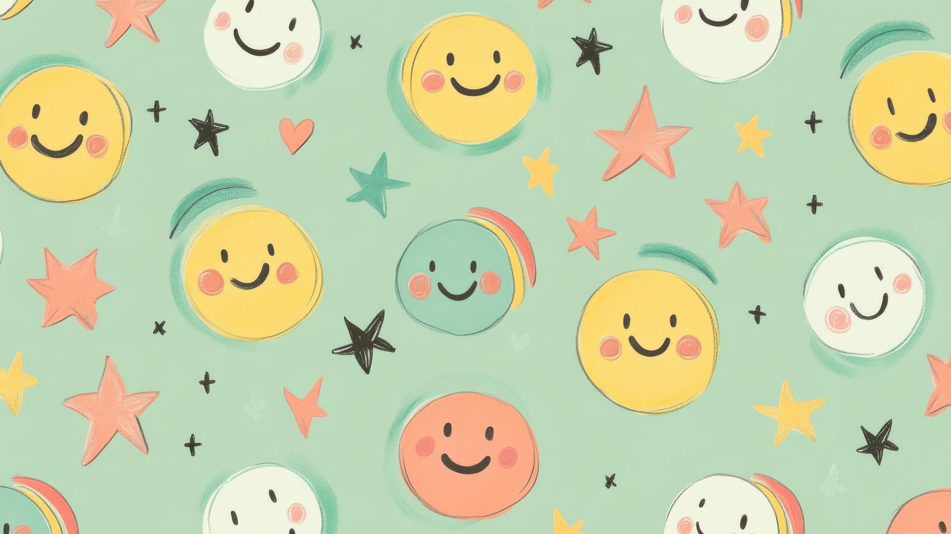 preppy wallpaper smiley face with rainbow accents, stars, and hearts on pastel green