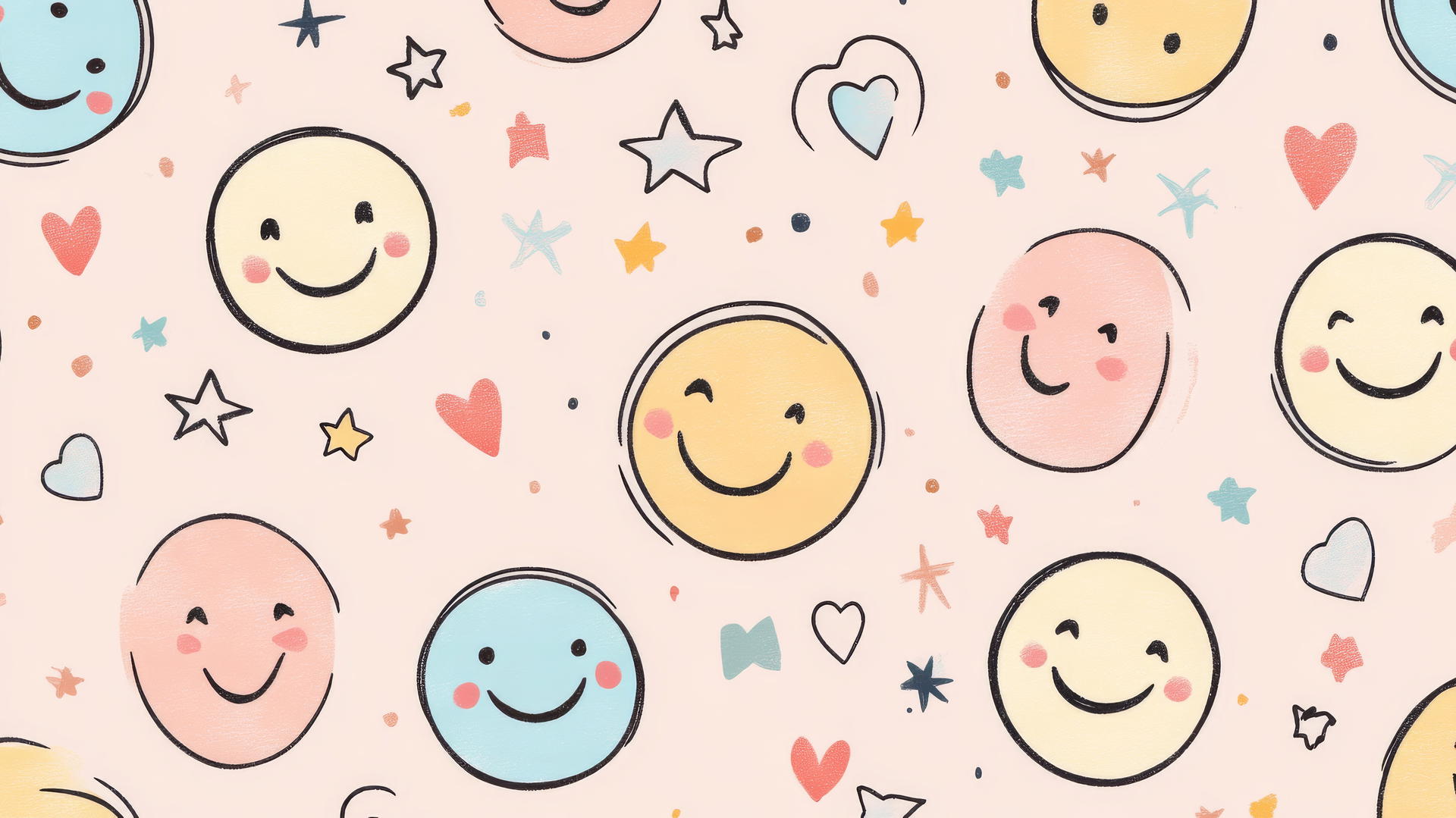 preppy wallpaper smiley face with stars, hearts on light pink background