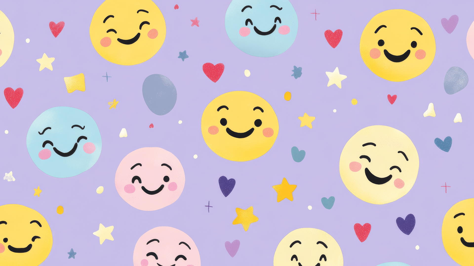 preppy wallpaper smiley face with different expressions, on a pastel purple background with hearts and stars