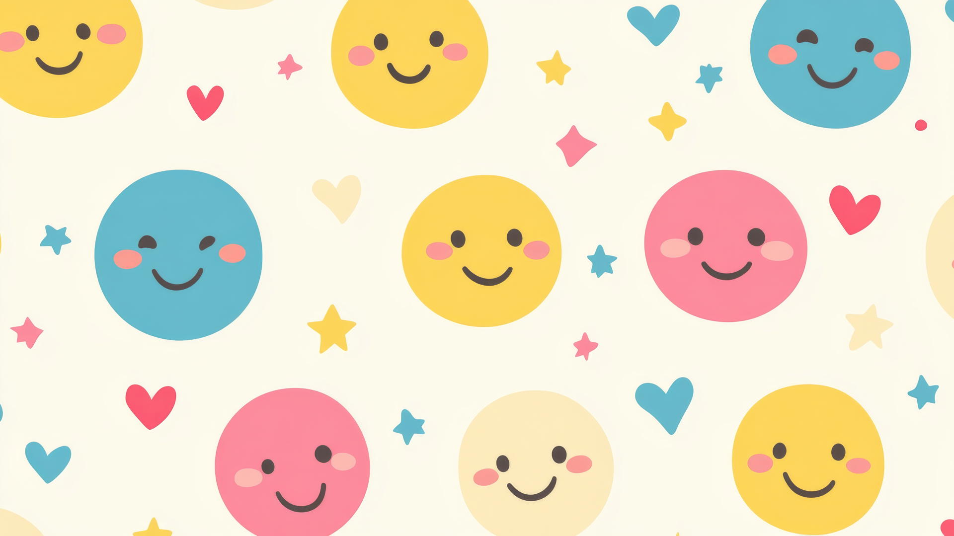 preppy wallpaper smiley face with pastel yellow, pink, and blue faces on cream background