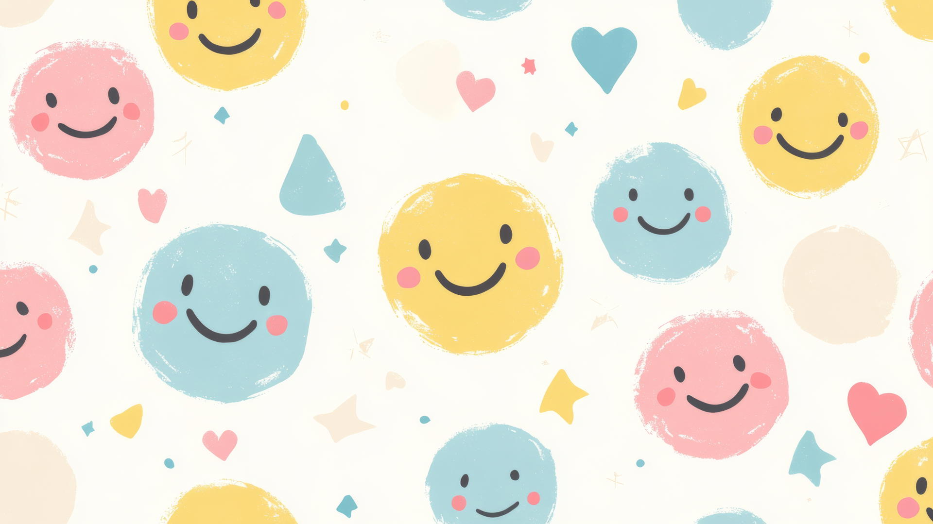 Preppy wallpaper smiley face with pastel yellow, pink, and blue on cream background