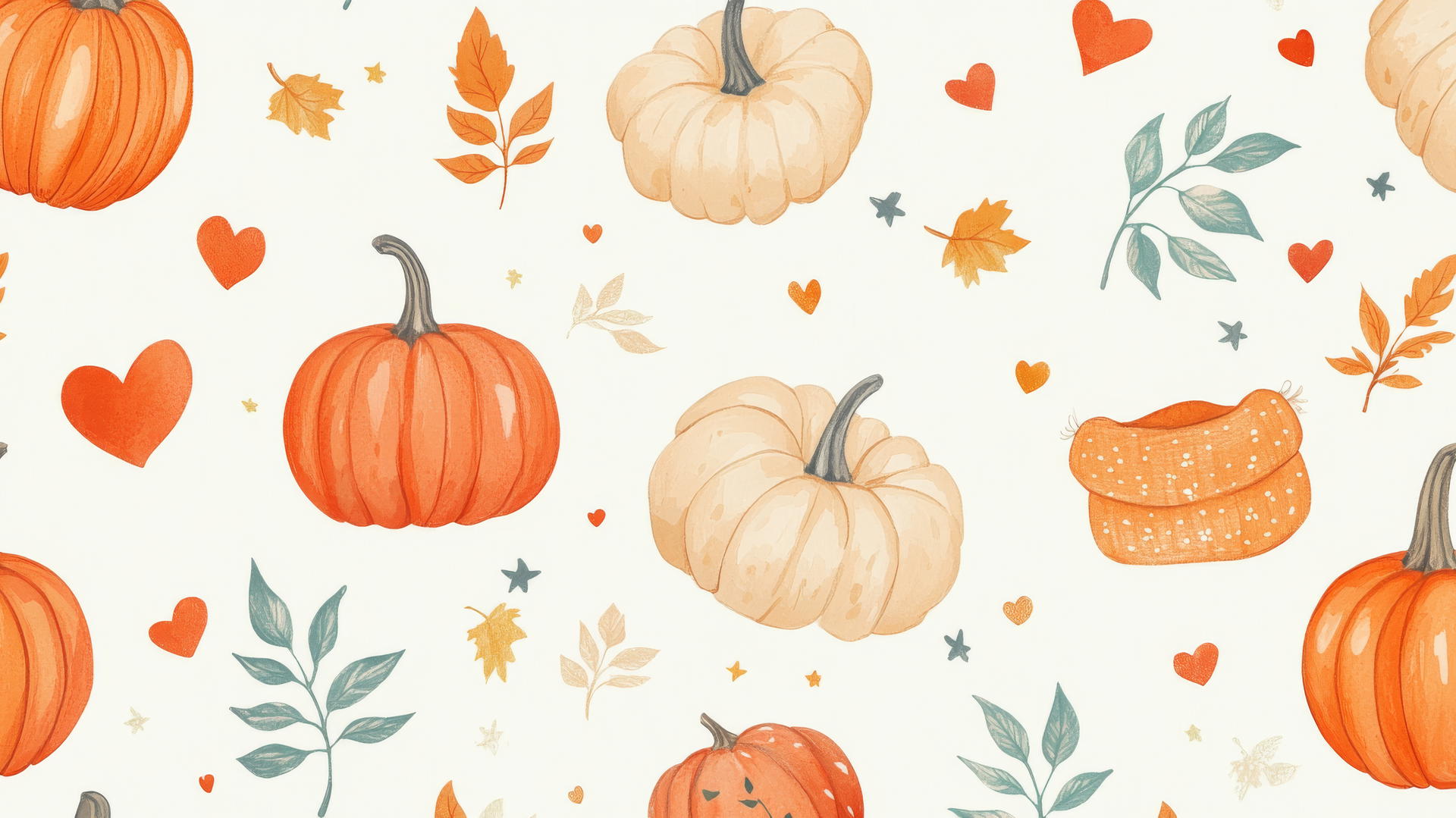 Preppy autumn wallpaper with hand-drawn foliage and pumpkins