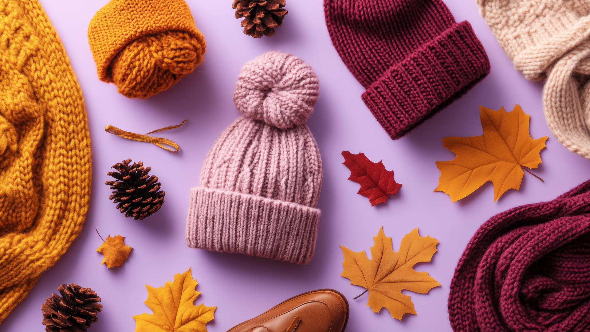 preppy autumn wallpaper with cozy accessories on pastel purple background