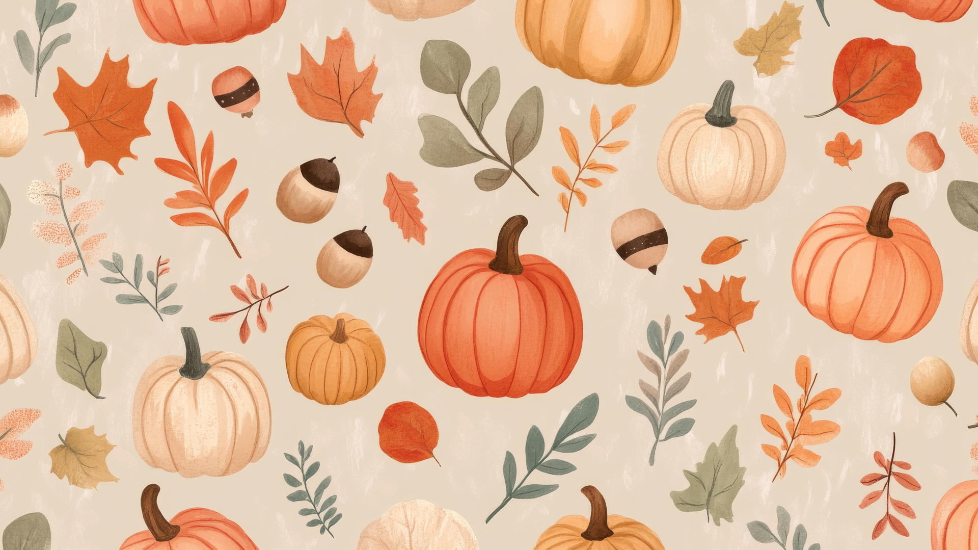 preppy autumn wallpaper with hand-drawn pumpkins, acorns, and fall foliage in pastel colors on light brown background
