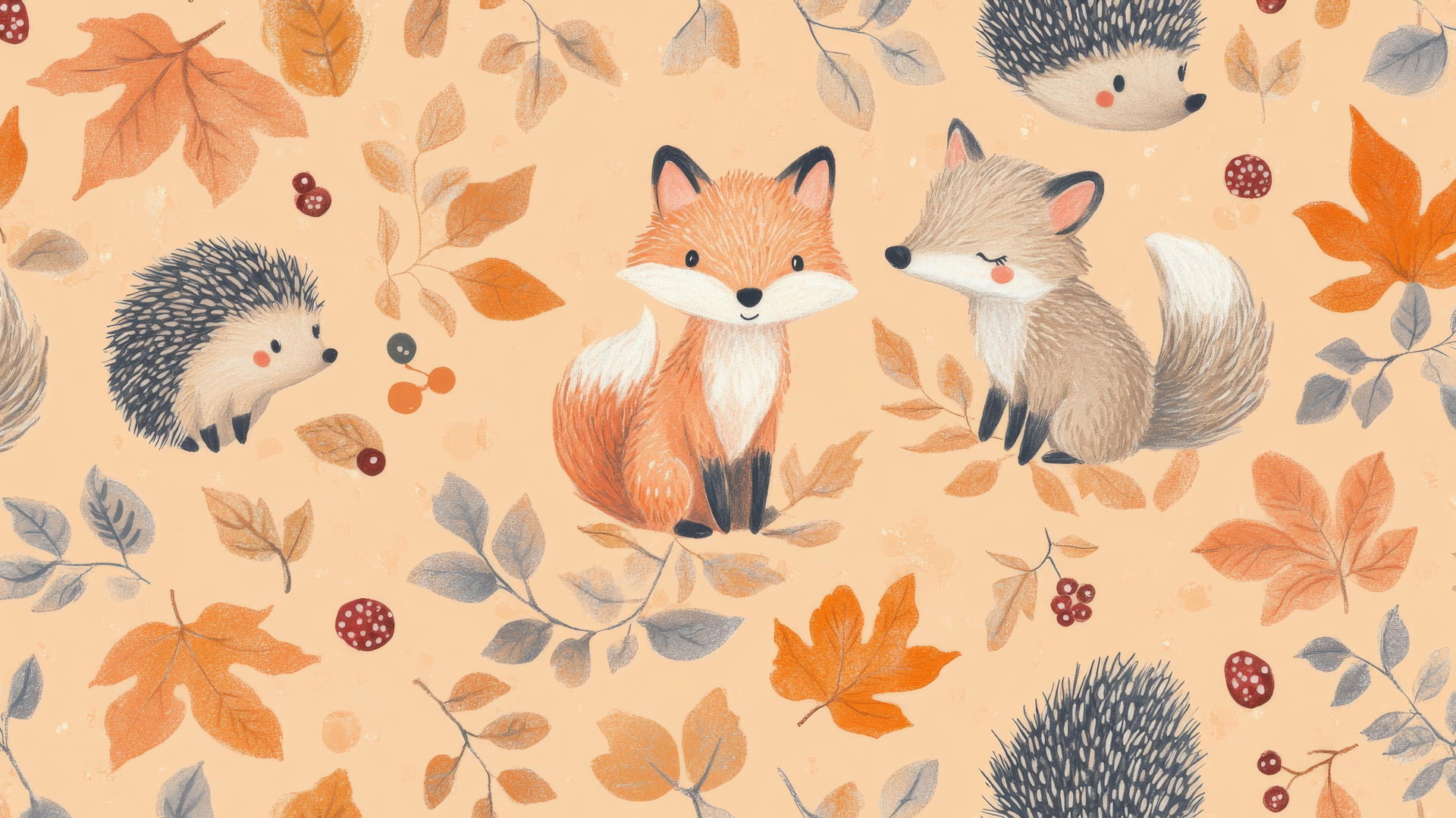 preppy autumn wallpaper with pastel-colored foxes, hedgehogs, leaves and berries on peach background
