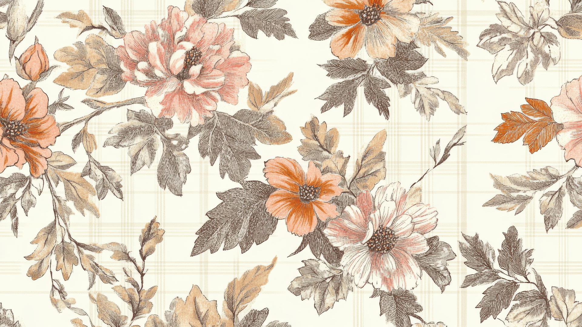 preppy autumn wallpaper with hand-drawn fall flowers and leaves in pink, orange, and brown