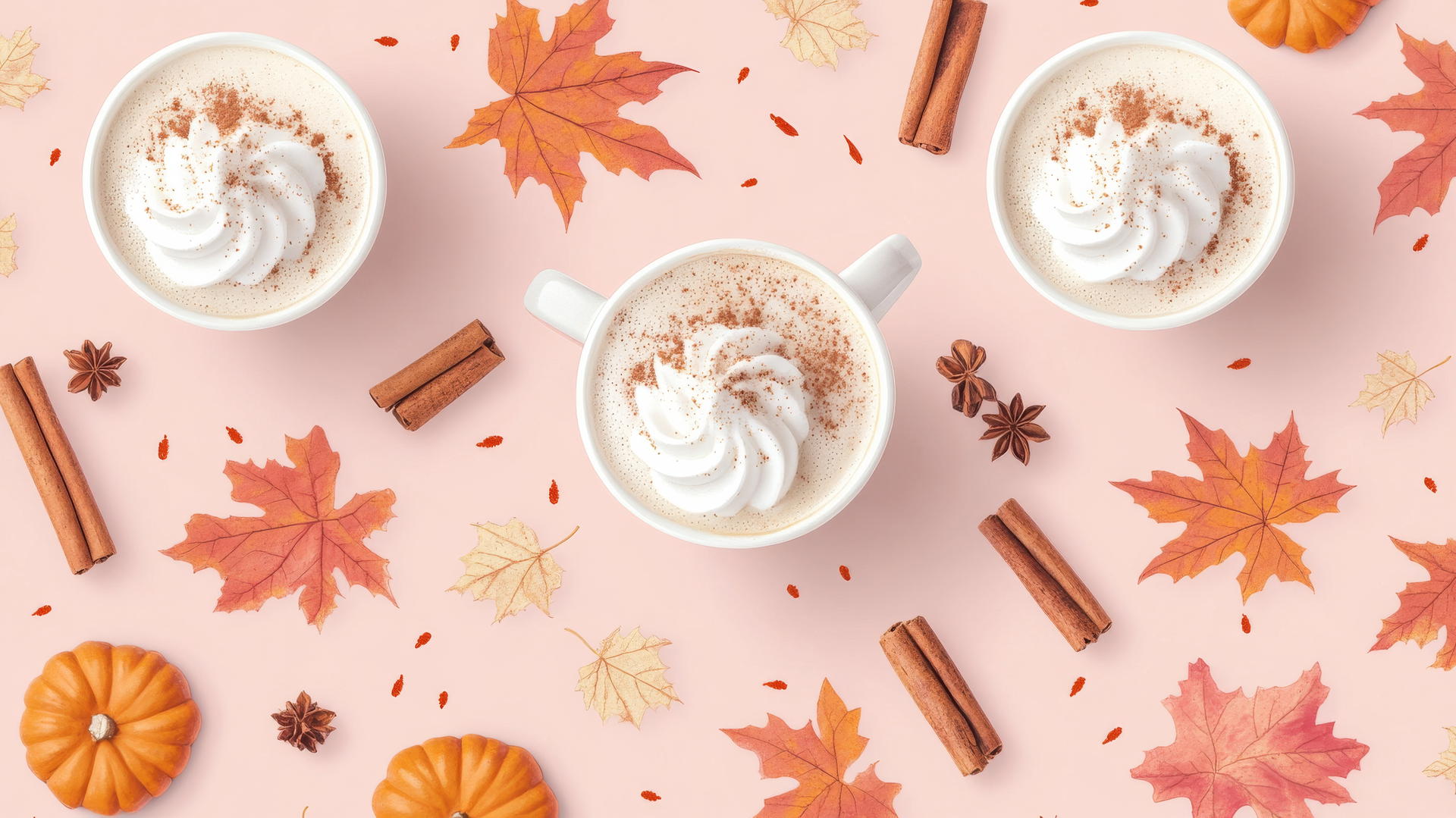 preppy fall wallpaper with pumpkin spice lattes, cinnamon sticks, and fall leaves on a pastel pink background