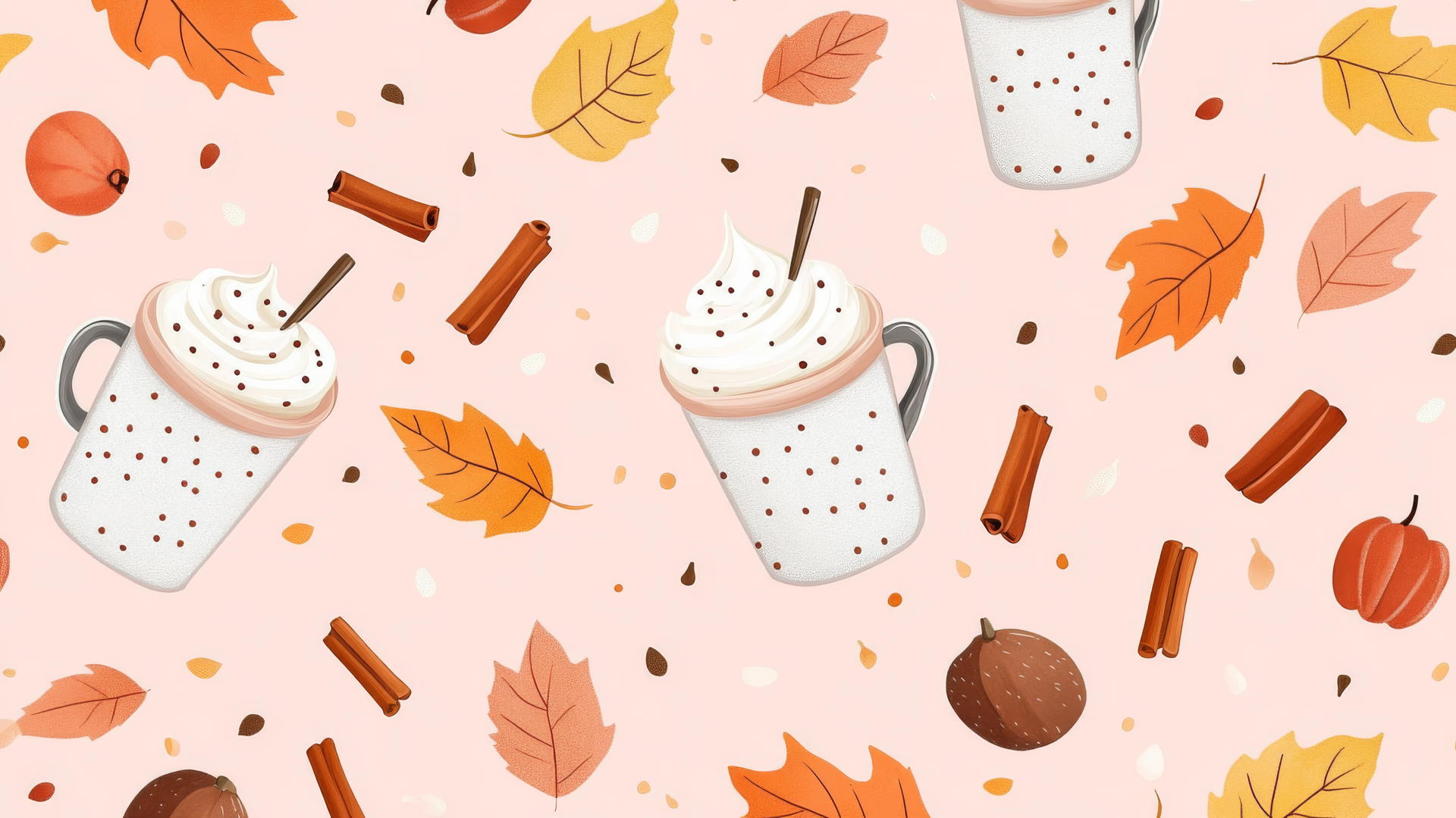 preppy fall wallpaper with pumpkin spice lattes, cinnamon sticks, and fall leaves on pastel pink