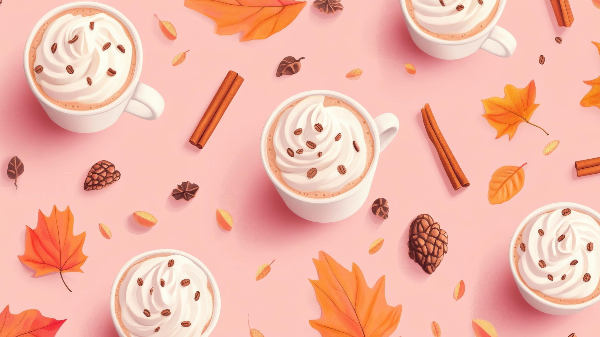 preppy fall wallpaper with pumpkin spice lattes, cinnamon sticks, and fall leaves on pastel pink