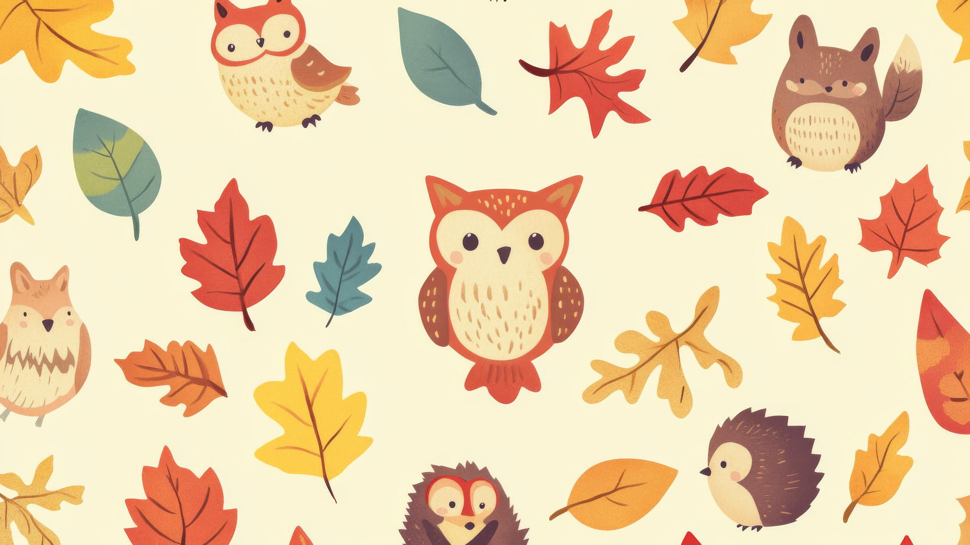 preppy fall wallpaper with pastel woodland creatures and autumn leaves